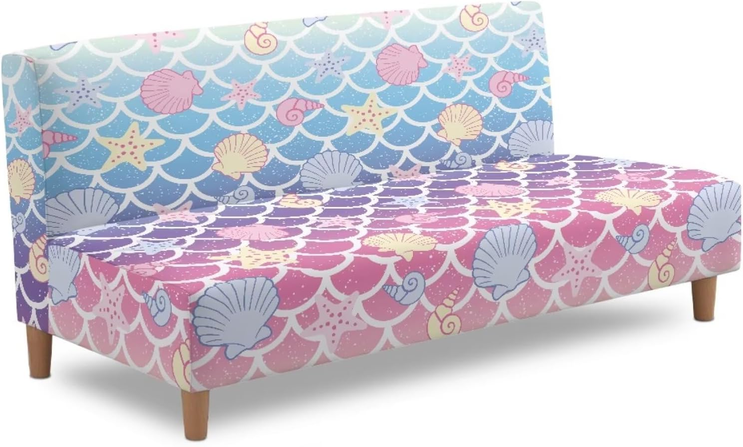 Stretch Futon Cover Without Armrests One Piece Sofa Bed Cover with Elastic Bottom Stain-Resistant Printed Folding Sofa Bed Slipcover, Seashell Starfish Mermaid Scale Print Blue Pink