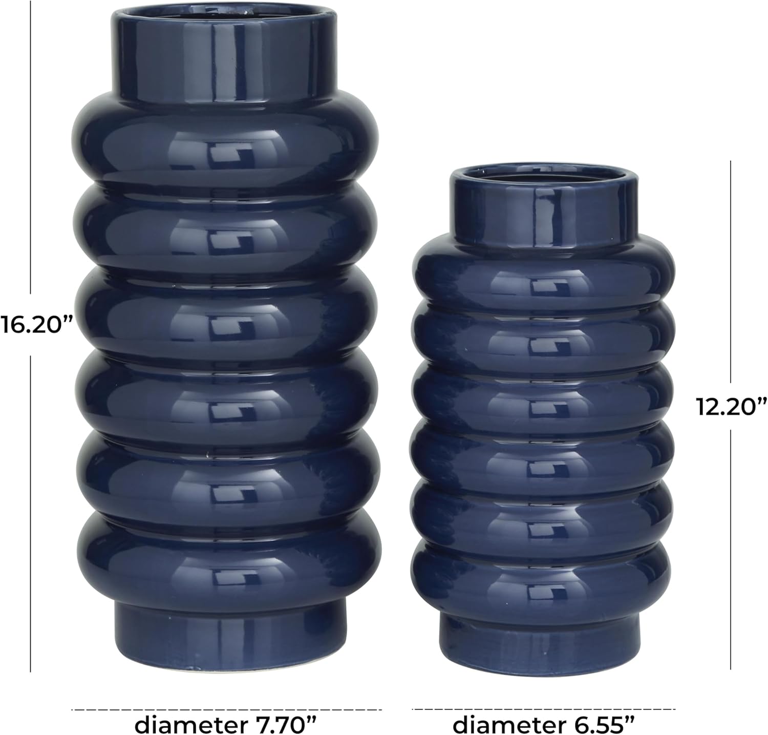 CosmoLiving by Cosmopolitan Ceramic Decorative Vase Centerpiece Vases with Stacked Ring Design, Set of 2 Flower Vases for Home Decoration 16", 12"H, Dark Blue
