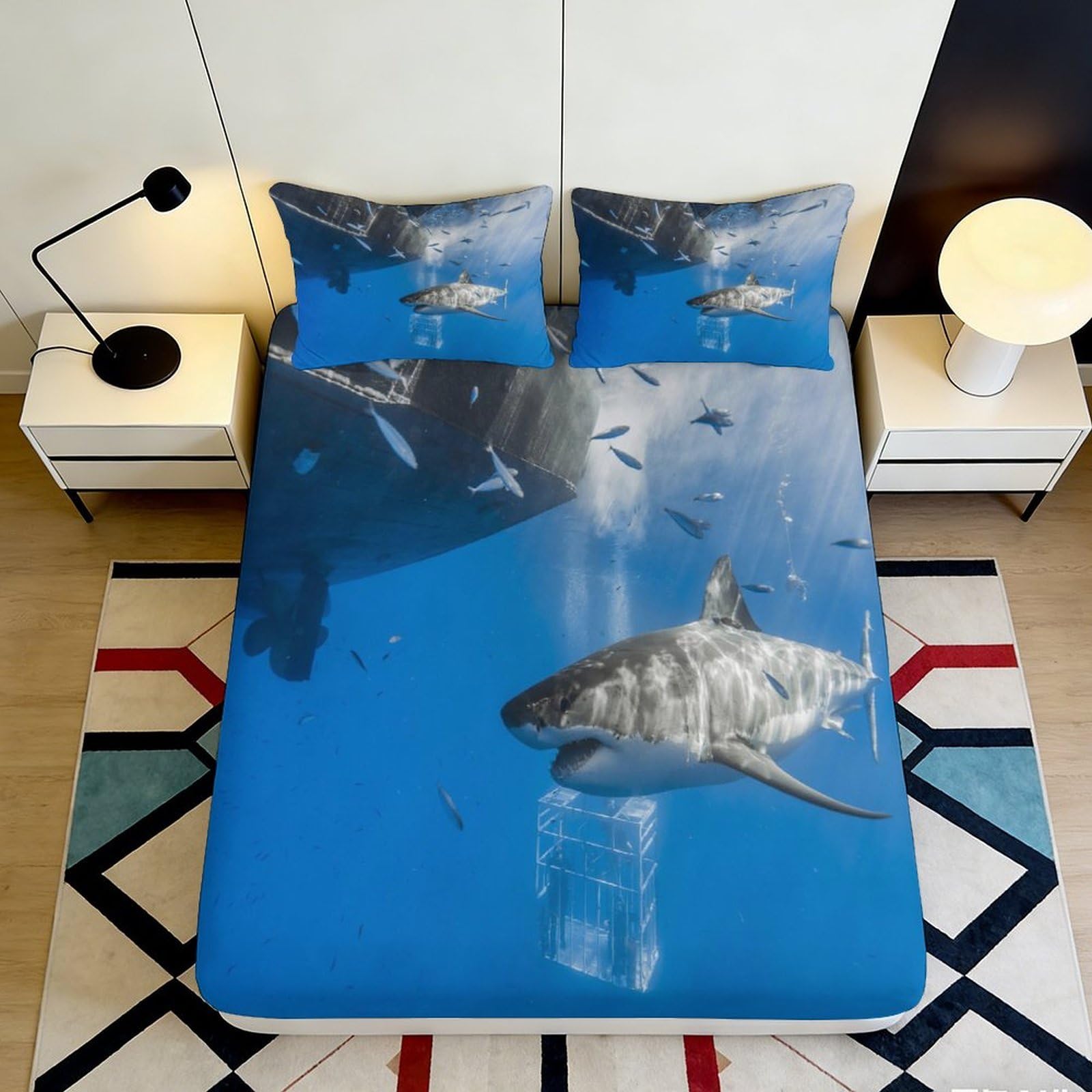 3D Printed Shark Pattern Fitted Sheet Microfiber Soft Breathable Ocean Design Mattress Cover for Bedroom Dormitory Guest Room Protection Decor 160x200x25cm