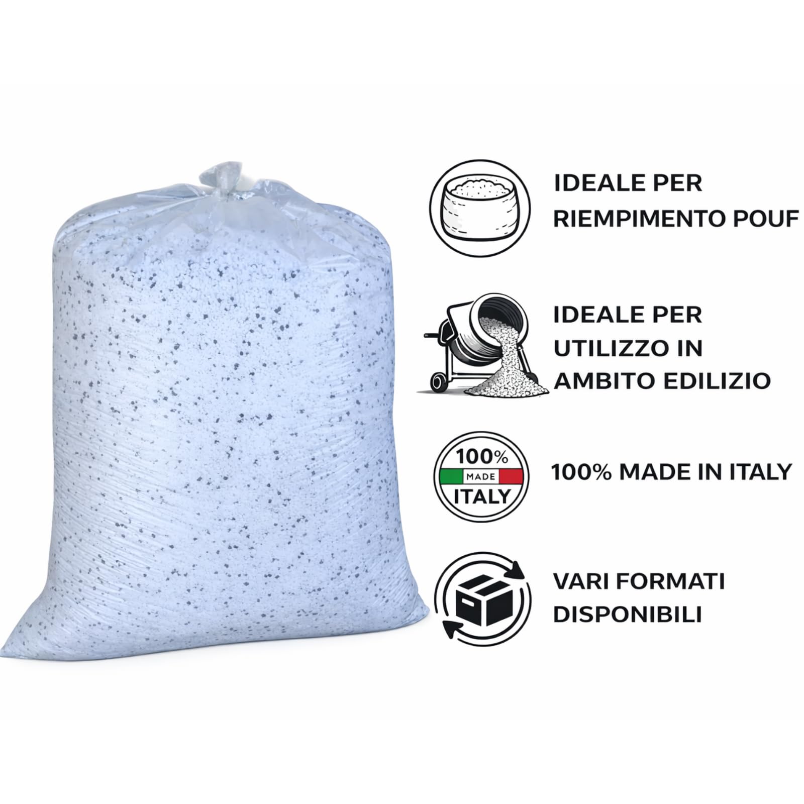 Perle di Polistirolo EPS 1000 Litri, Granuli Polistirene Espanso per Massetti Alleggeriti, Riempimento Pouf, Poltrone a Sacco e Cuscini, Palline per Imbottitura, Isolamento 2-8 mm