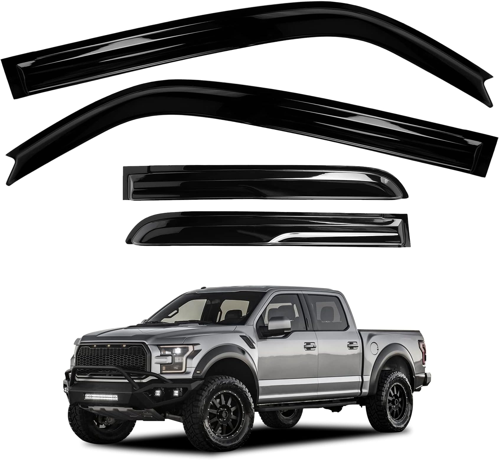 BJSIA Tape-On Rain Guards Window Deflectors Side Window Visor Deflector Rain Guard Compatible with 2015-2022 Ford F-150, 2017-2022 Ford F-150 Raptor SuperCrew, 4pc, Car Accessories (Outside Mount)