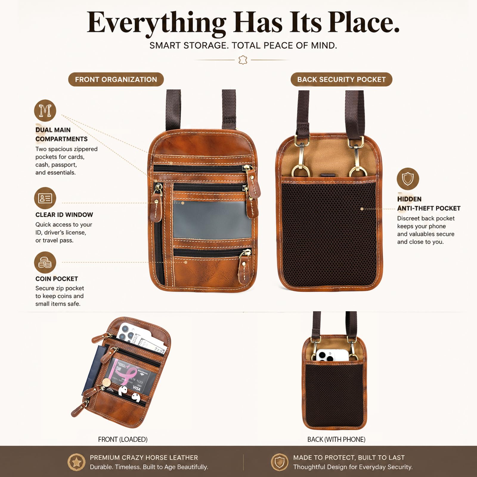 Portafoglio in pelle pieno fiore, custodia da viaggio per passaporto con | Pelle bovina Crazy Horse, cerniera YKK e hardware in ottone, cinturino a 3 vie, organizer multitasche