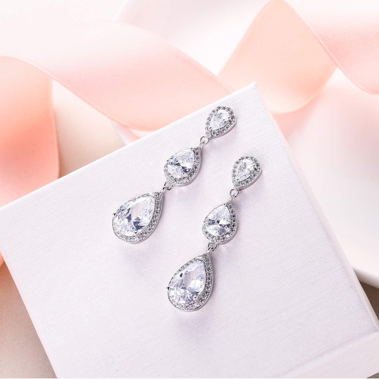 EVER FAITH Women's Cubic Zirconia Elegant Wedding Bridal 3 Teardrop Dangle Earrings for Bride Bridesmaids - Image 4