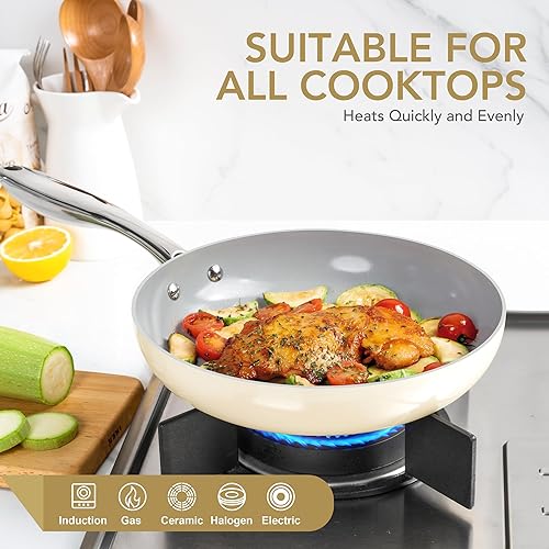 Miniatura 4 de MICHELANGELO Sartenes antiadherentes  Sartén antiadherente de 10 pulgadas con tapa, sartén antiadherente con tapa, sartén no tóxica, revestimiento