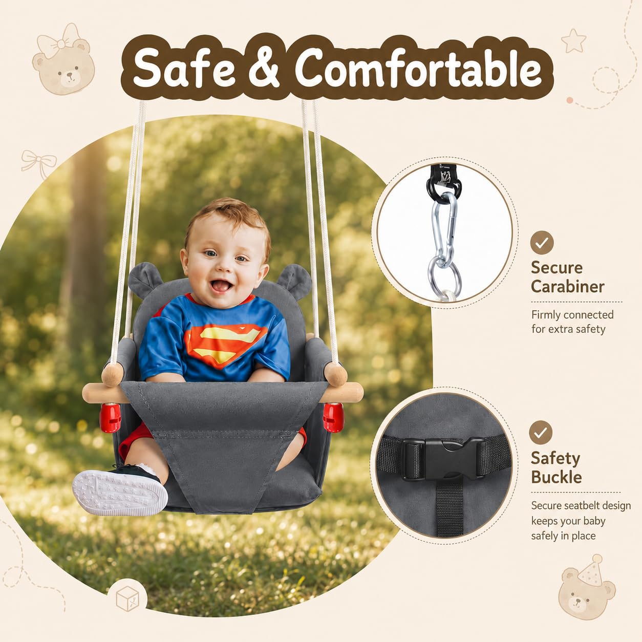Columpio para bebé de madera, columpio infantil con cinturón de seguridad