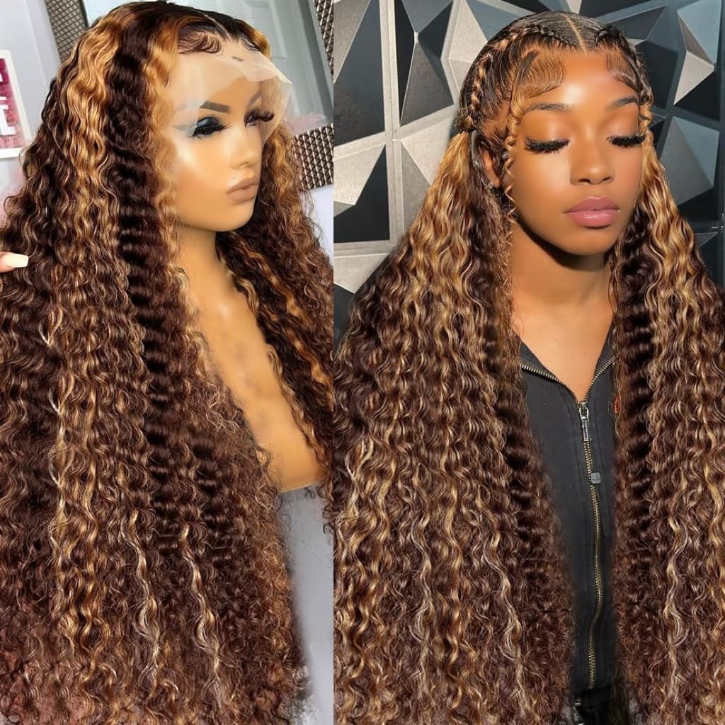 Ombre Highlight 13X4 Water Wave Lace Front Wigs Human Hair HD Transparent Lace Frontal Wigs 4/27 Pre Plucked 210% Density Glueless Wig for Women28inch