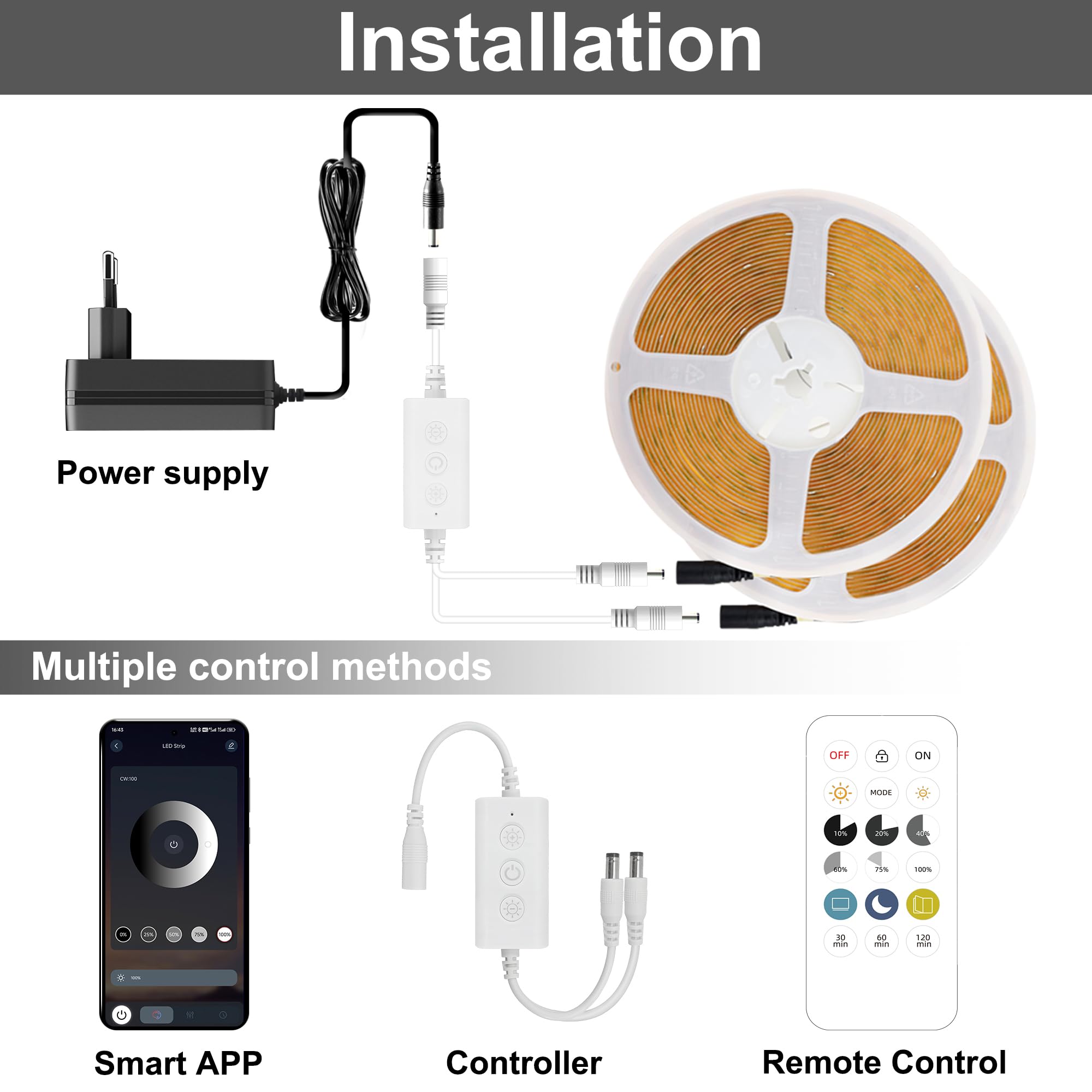 TTWAY Tira LED COB 20m, Tira LED 2700K con Fuente de Alimentación, Control Remoto, 384LEDs/M, DC24V, CRI 90+, 8mm Ancho, Tira LED Blanco Calido Regulables para Decoración del Hogar (2x10m)