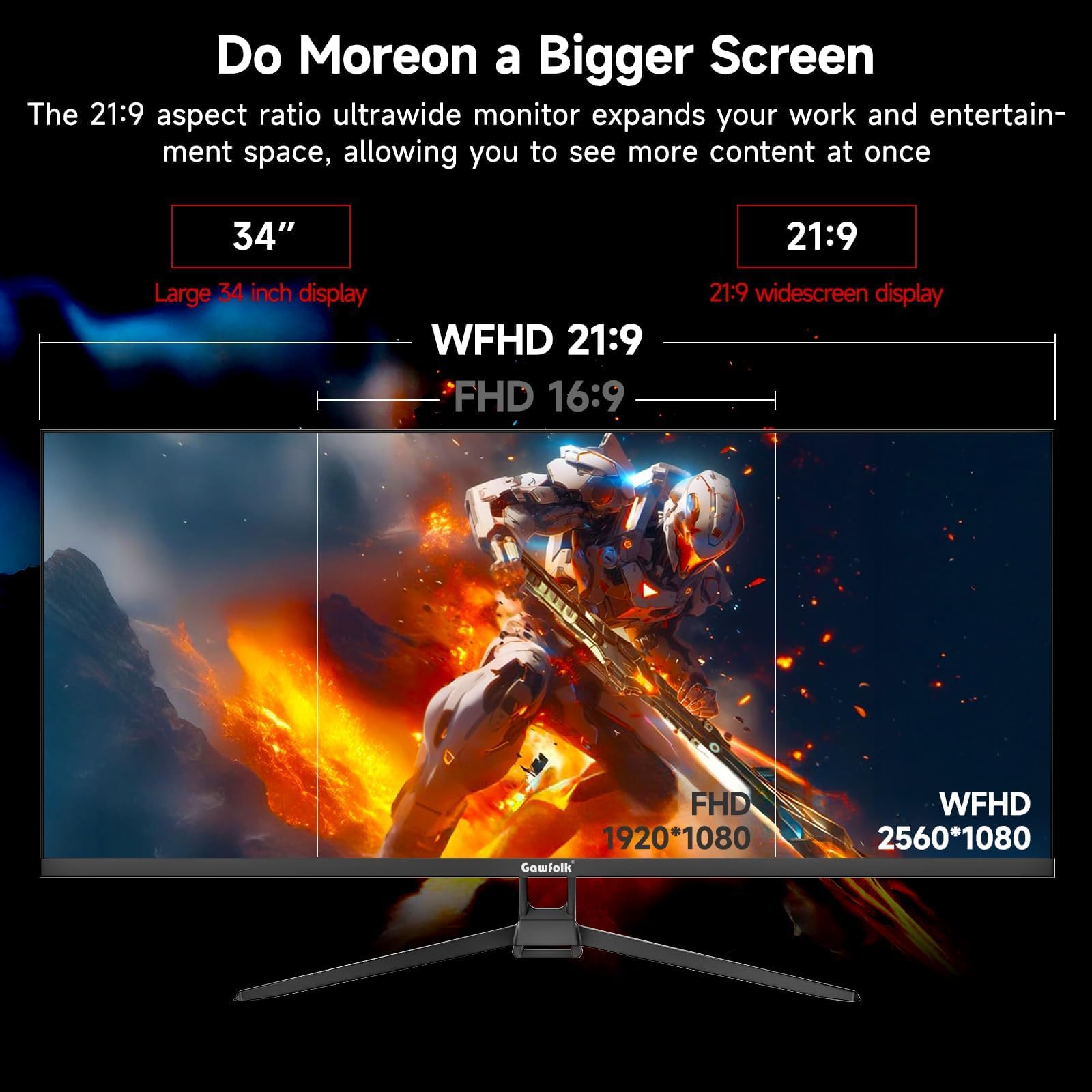 Gawfolk Monitor 34 Pollici IPS, 2560x1080 DFHD, 120Hz, FreeSync, 21:9, per PC e Video Gaming, HDMI DisplayPort, Montaggio VESA 75x75mm, Nero