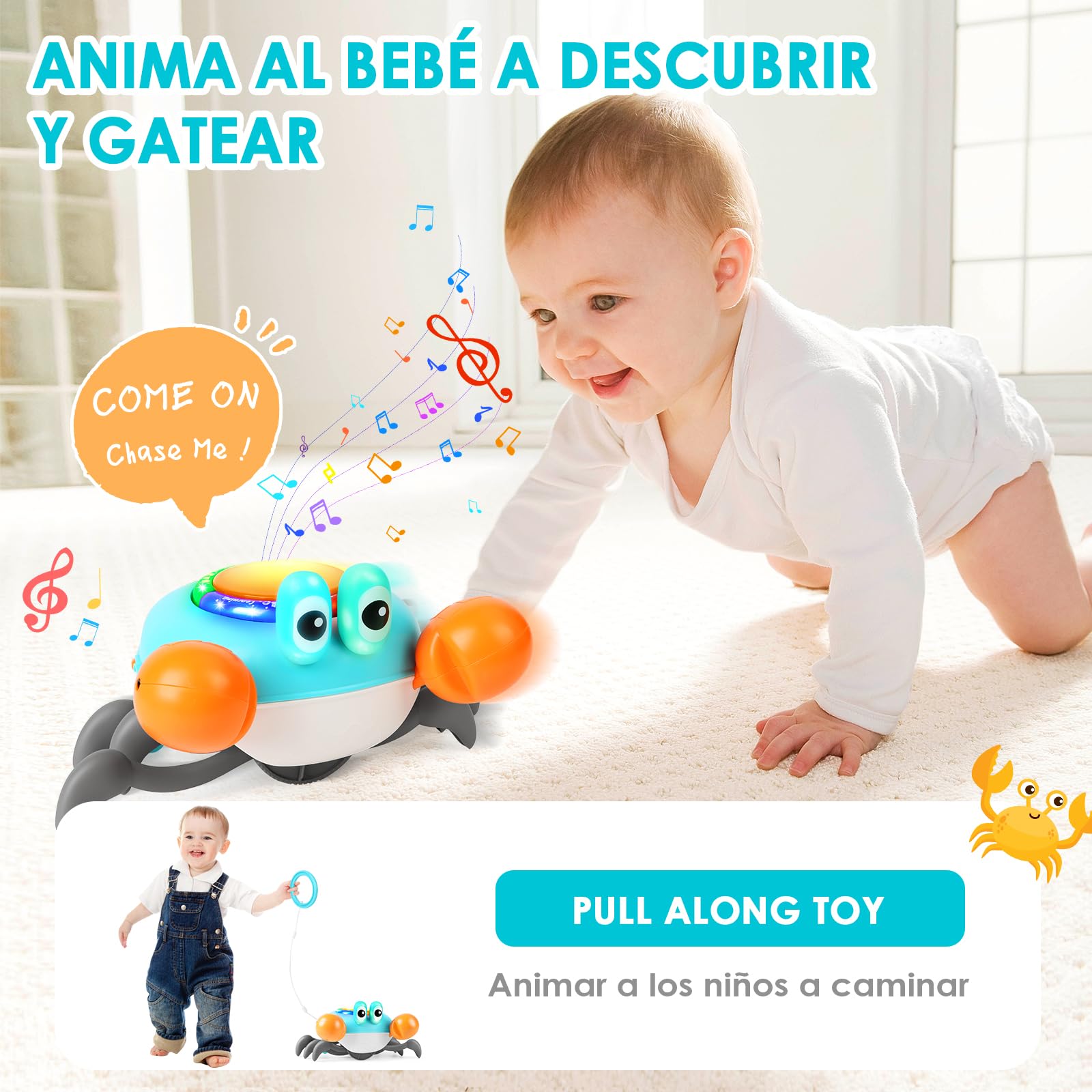 Aragallant Cangrejo bebé juguete, cangrejo electrónico para gatear a partir de 3, 4, 5, 6, 7 años, juguete sensorial para gatear con música y evitar obstáculos, Tummy Time Toys regalos para niños y