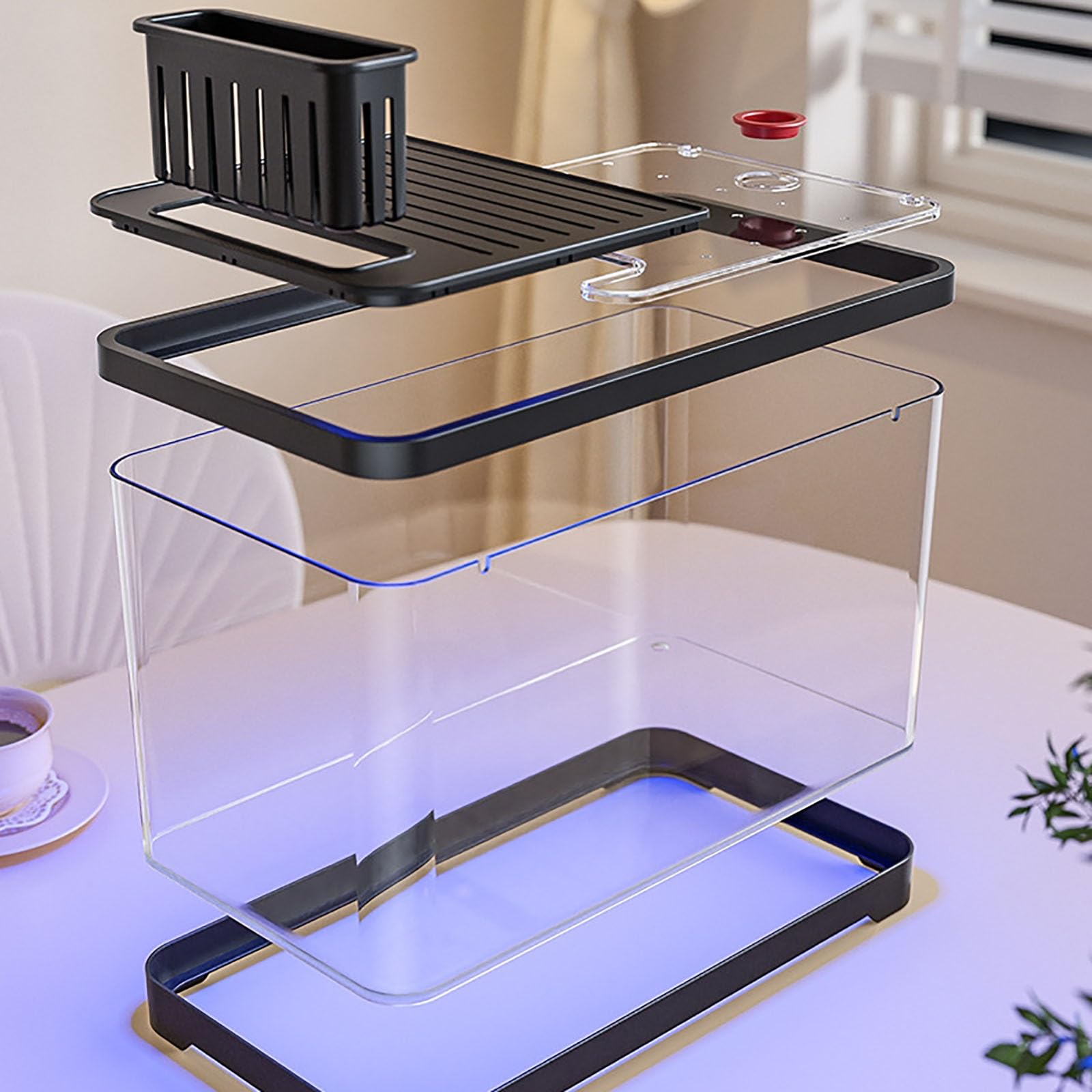 Aquarium Komplett-Set, 38,8 * 21,5 * 21,2 cm Fischtank Mit LED, 3-in-1 Selbstreinigende Filter, Glasbecken Mit Deckel, Klein Aquaristik Dekor Für Zuhause, Büro, Wohnzimmer