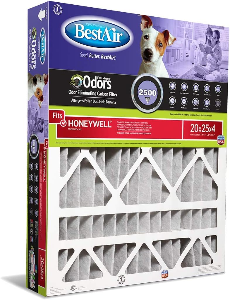 BestAir PFHW2025-11CR AC Furnace Air Filter, 20" x 25" x 4", MERV 11, Removes Allergens & Contaminants, Carbon Infused to Eliminate Odor, Fits 100%, For Honeywell Models, Pack of 3