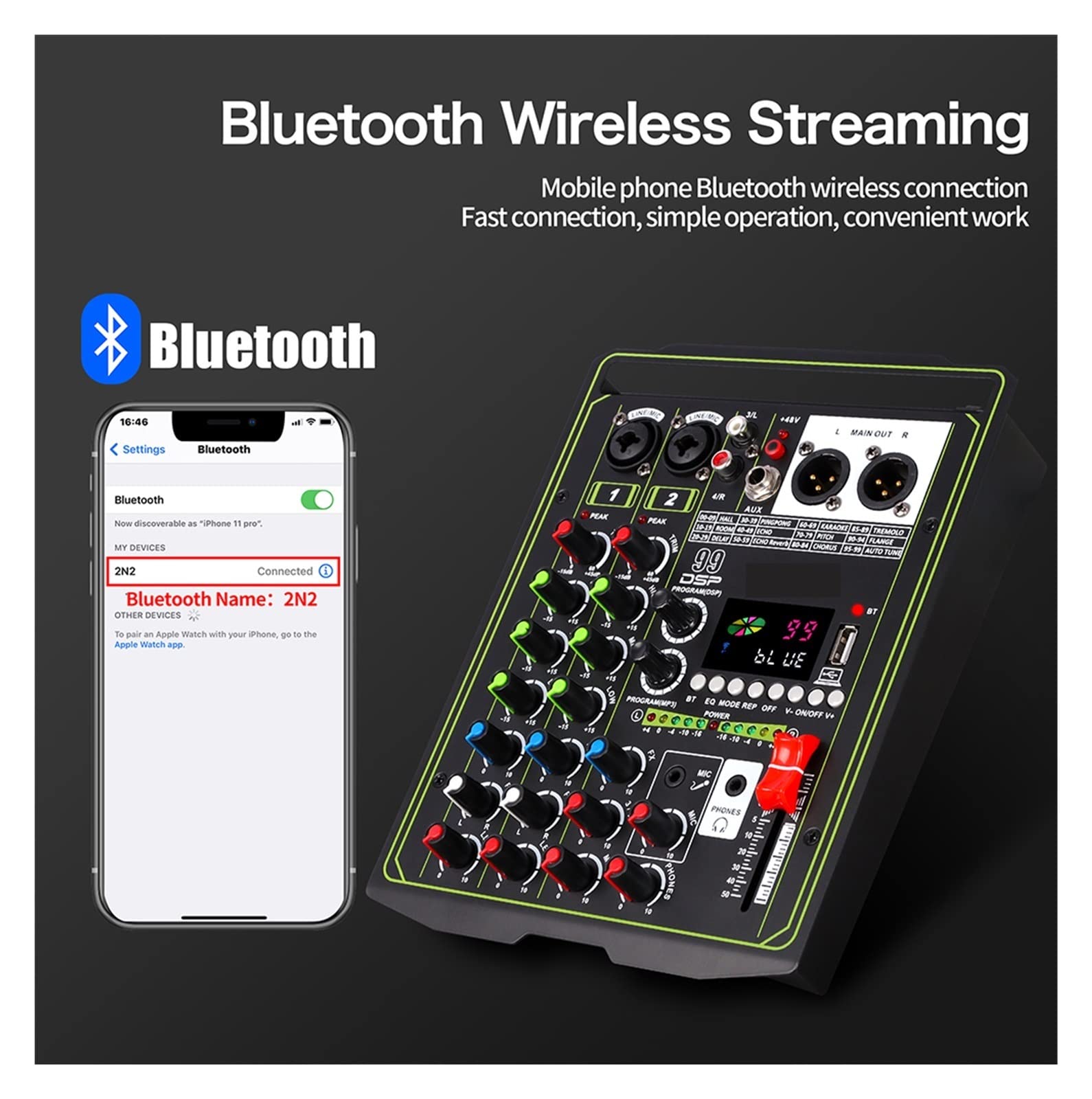 Mezclador de DJ, 99 DSP Effect Mixer 4 canales Portable 48V Phantom Power Monitor DJ Mixing Console for estudio profesional(Nero)