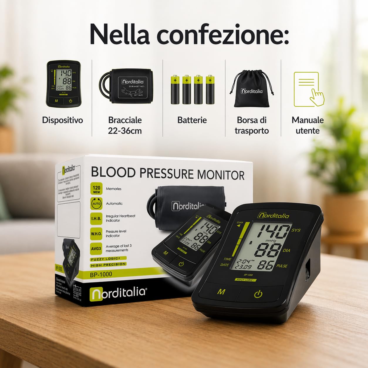 NORDITALIA, Medidor de presión de brazo, pantalla LCD, pilas incluidas