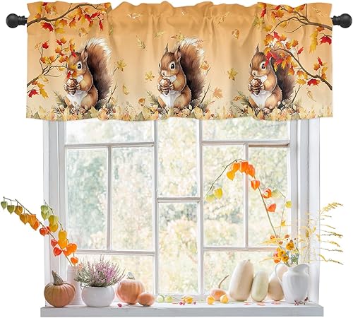 Cenefa de otoño para ventana, diseño de hojas de arce de ardilla, cenefa de otoño con bolsillo para barra, tratamiento de ventana de Acción de