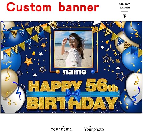 Miniatura 2 de Pancarta personalizada para decoraciones de cumpleaños n. 56, telón de fondo de decoraciones de cumpleaños de 56 años para mujeres, hombres, niños y