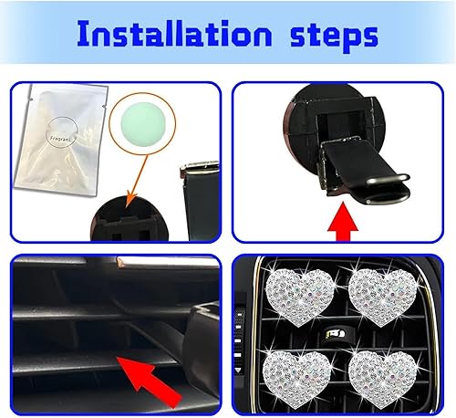 Miniatura 6 de 4 clips de salida de aire acondicionado de automóvil, 1.07 x 1.07 pulgadas, en forma de corazón con clip de ventilación de diamantes de imitación,