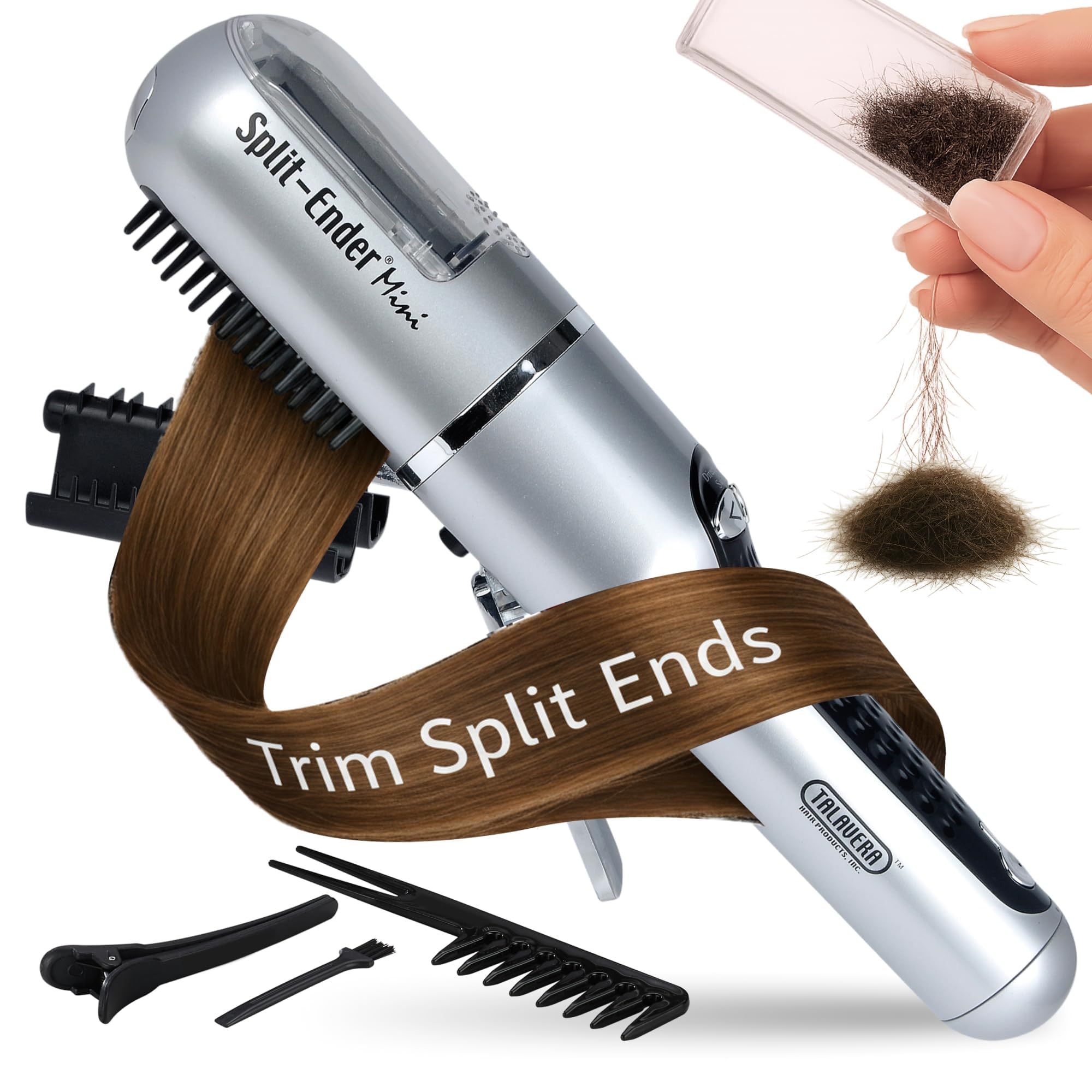 Split-Ender Mini – Original Cordless Split End Hair Trimmer for Dry, Damaged, Brittle, Frizzy, Curly or Straight Hair – 3 AAA Battery Operated Hair Clipper for Home Use – Silver