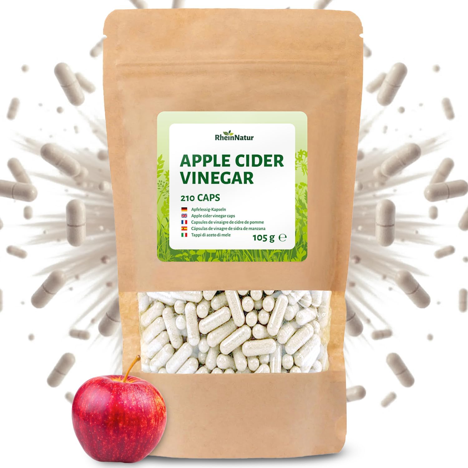 Appelazijn capsules 210 stuks – puur appelciderazijn poeder met plantaardige capsulehoes, veganistisch – 70 dagen voorraad