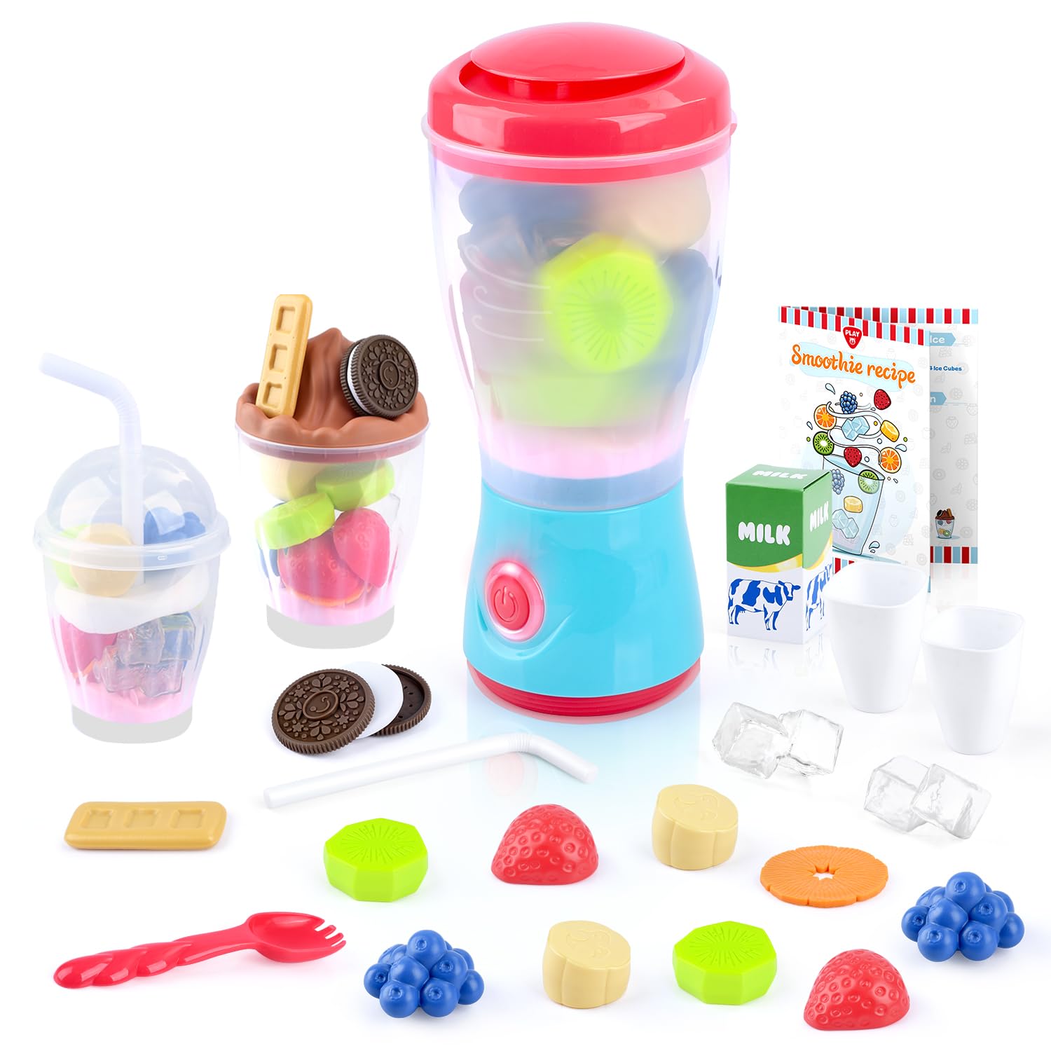 PLAY Smoothie Batidora Juguete, Set de Utensilios Cocina Juguete con Batidora Niños, Juguetes Alimentarios, Luces y Sonidos Realistas, Set de Accesorios Cocina Juguetes para Niños de 3+ Años
