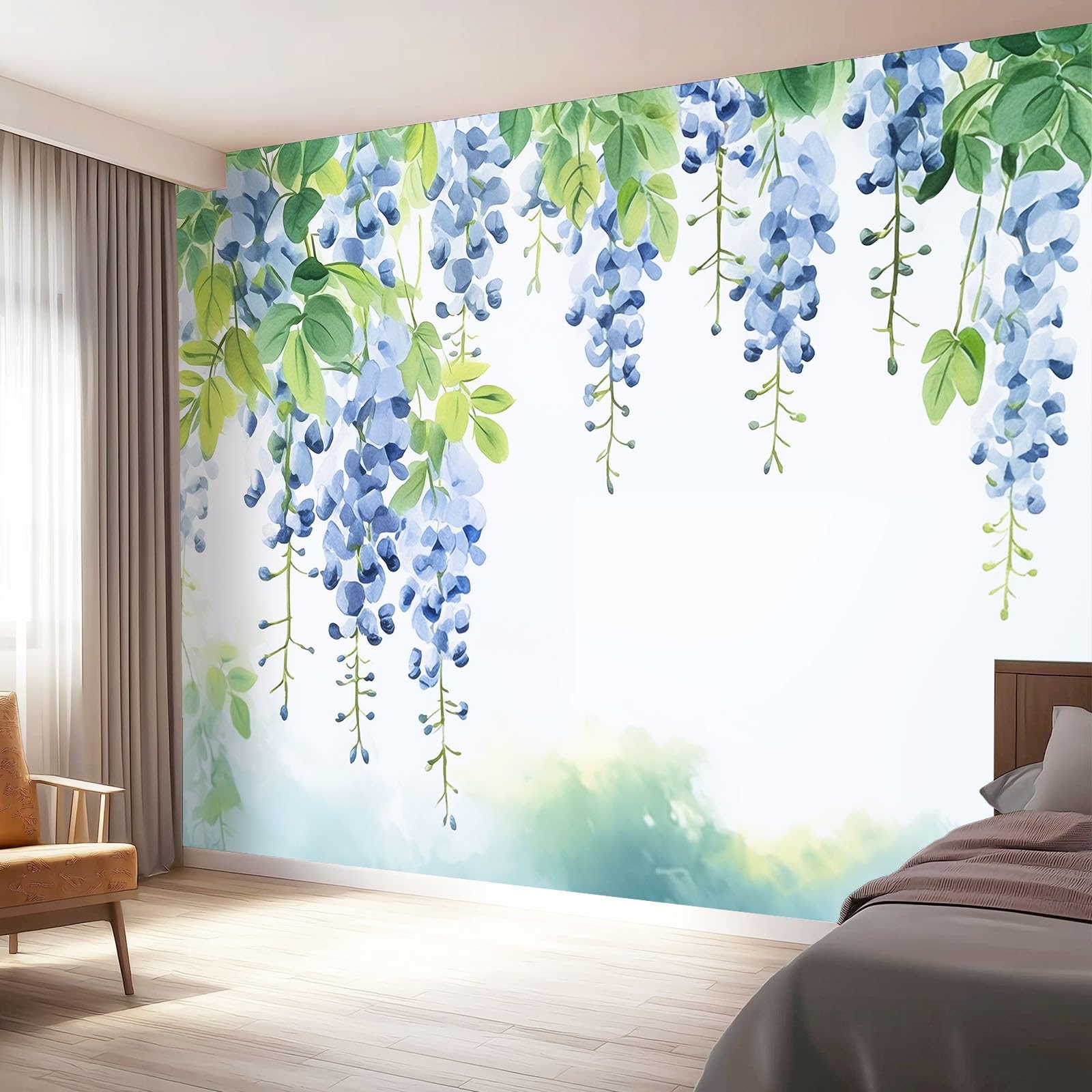Panoramiczna tapeta 400 x 280 cm, akwarela winorośl i fioletowe kwiaty salon sypialnia dekoracja domu - kolorowa tapeta z włókniny 3D