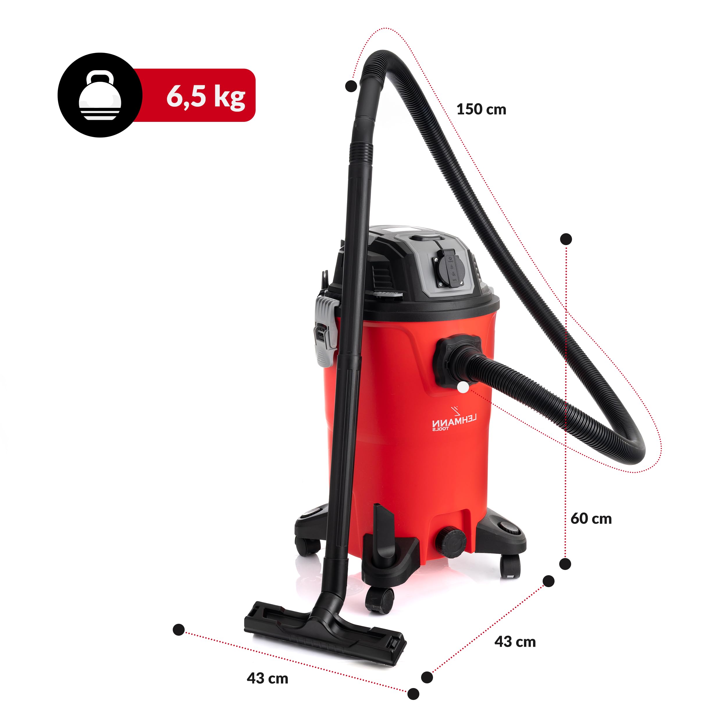 LEHMANN Industriestaubsauger mit Steckdose 2000 W, 30 L Nass Trockensauger ohne Beutel, HEPA-Filter, Schaumfilter & Filterrüttler, Blasfunktion, Werkstattsauger für Werkstatt und Baustelle, Rot