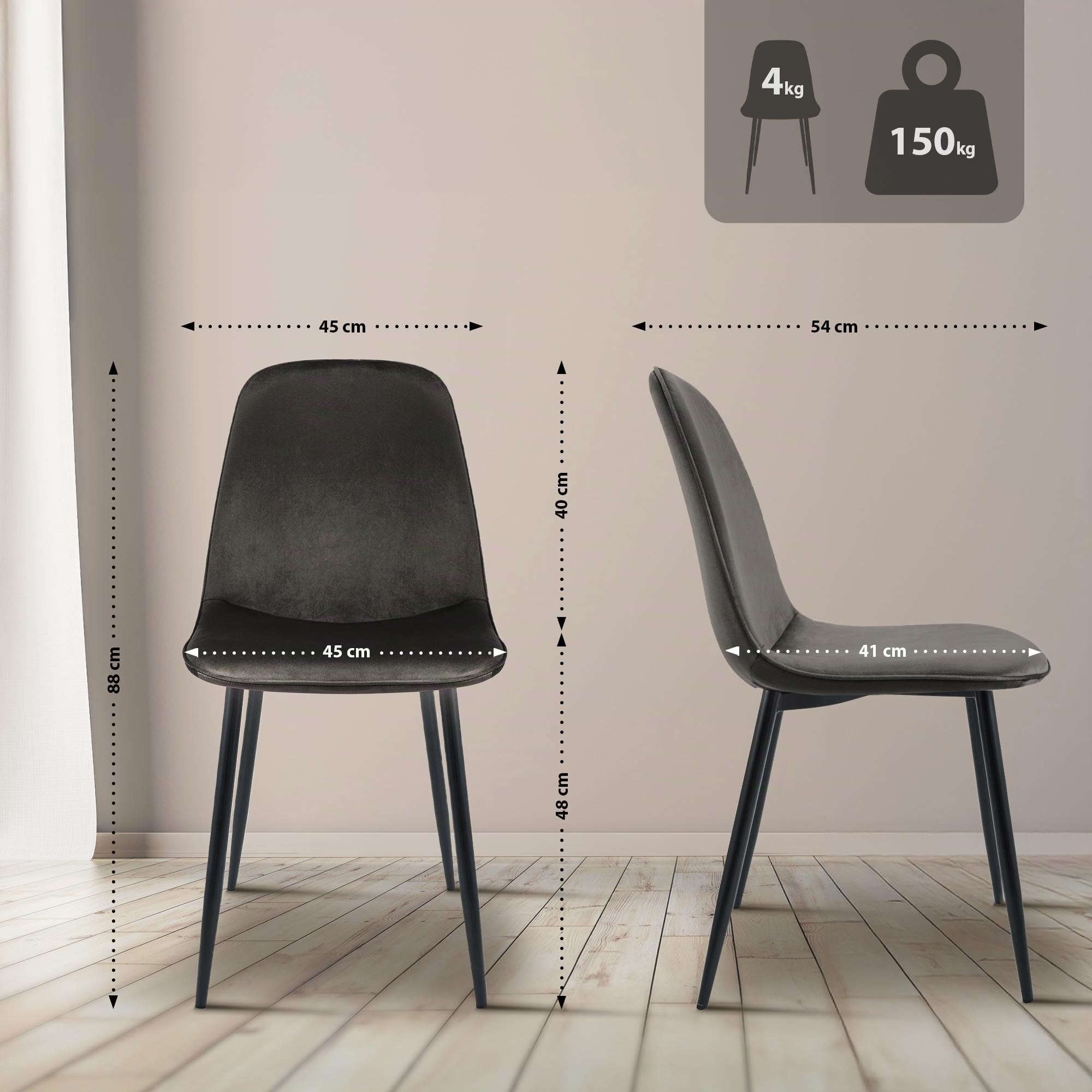 CLP Sedia da pranzo set di 4 imbottita Maryam, cucina, soggiorno e camera da letto con schienale, capacità 150 kg Colore:antracite;Materiale:Velluto