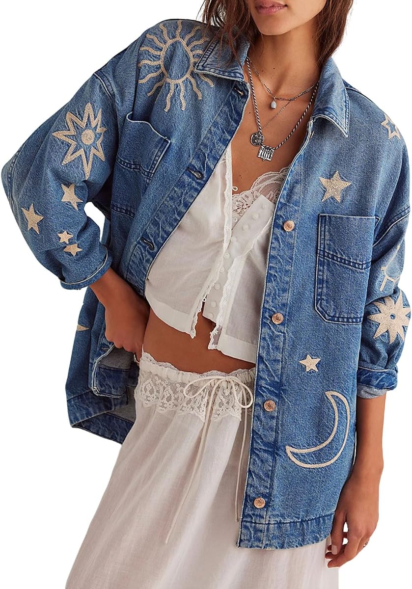 loveimgs Women Retro Boyfriend Embroidered Denim Jacket Button Up Lapel Jean Jacket Shirt Oversized Pocket Baggy Trucker Coat