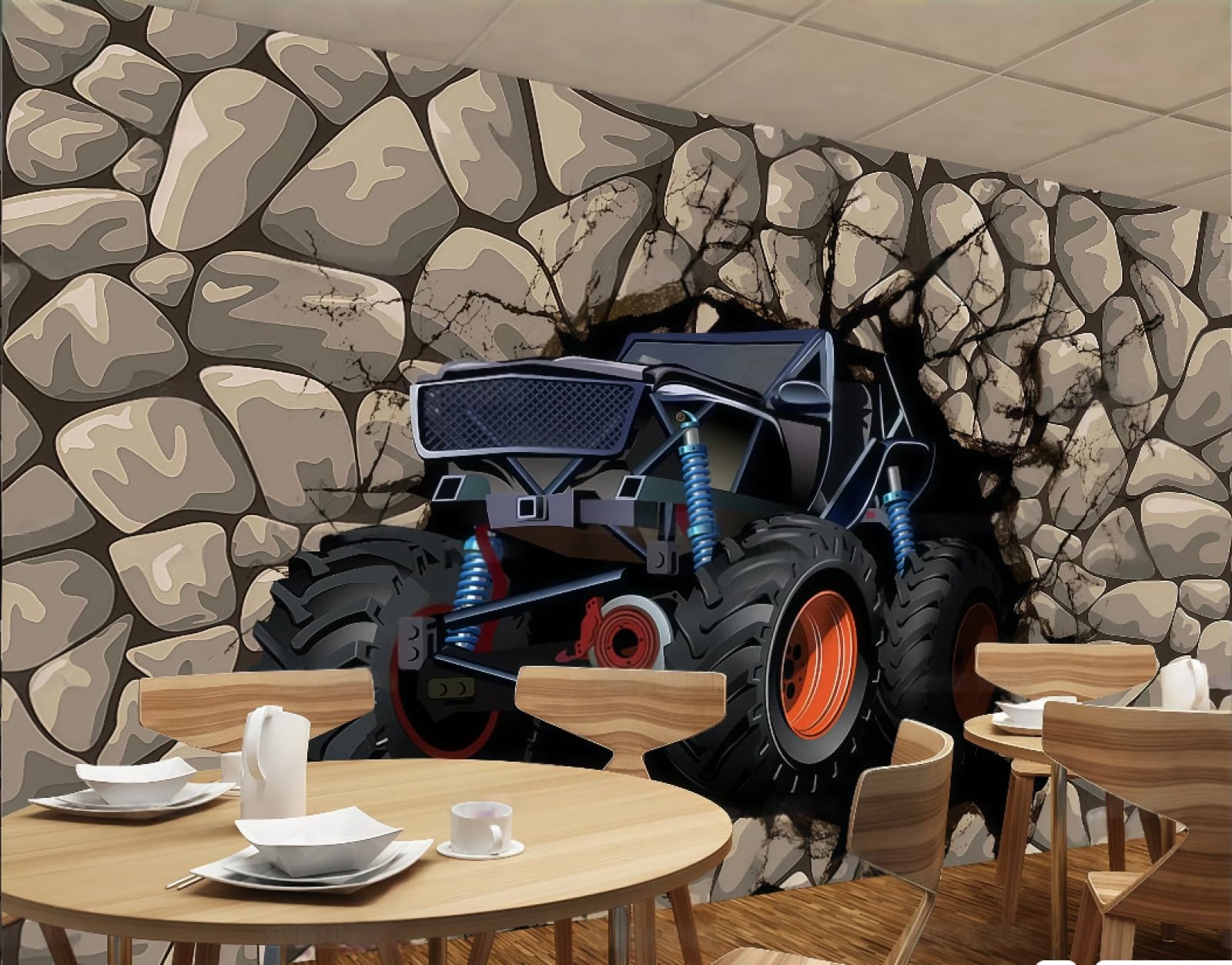 Xdoubao 3D Wallpaper Retro Nostalgic Stone Wall Three-Dimensional Car Theme Personality Bar Coffee Shop Background Mural Western Restaurant Wallpaper,,430X300cm