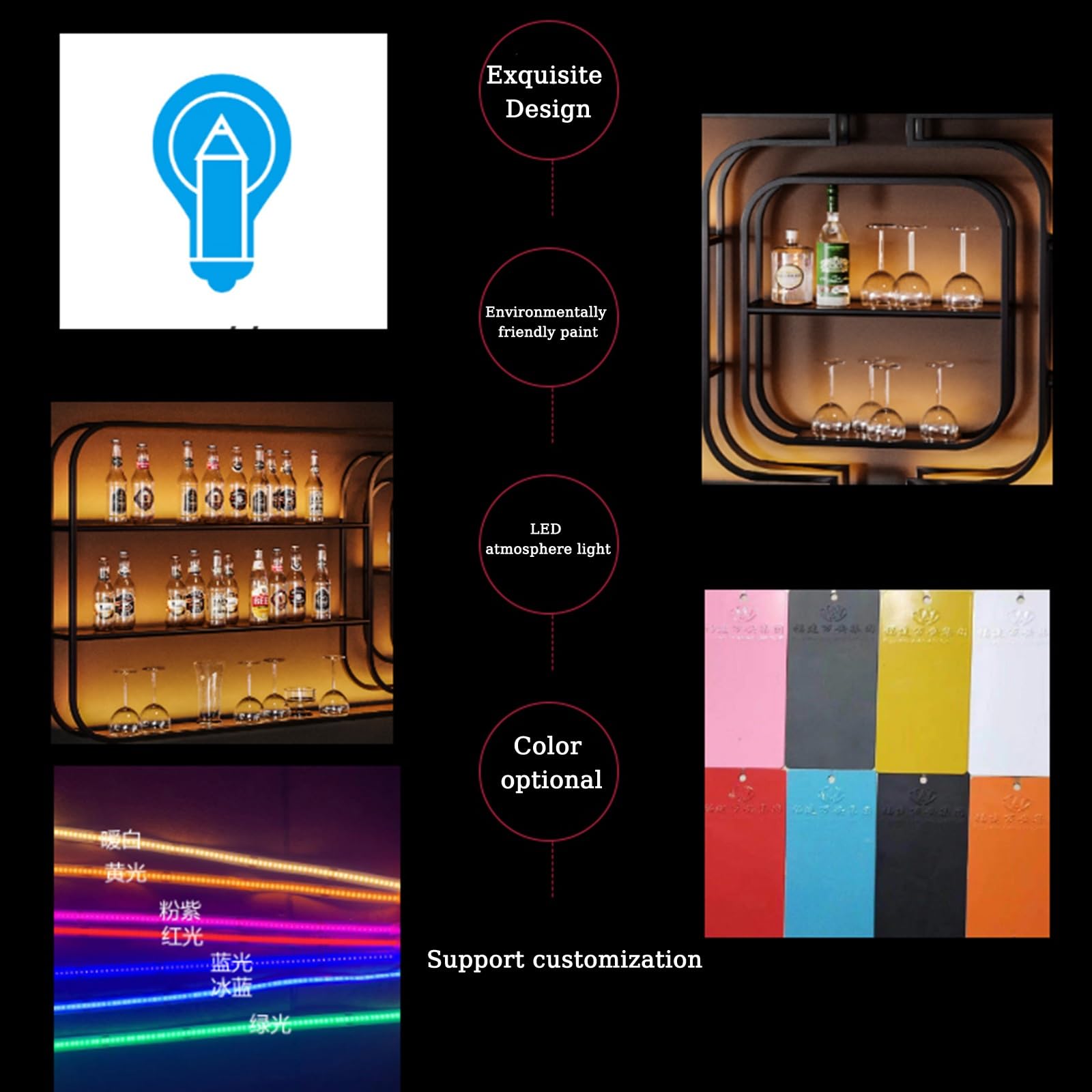 Modern Wine Storage Rack Large Wall Mounted With LED Light With Wine Glass Holder,Iron Bar Liquor Shelf, Floating Wall Wine Shelves,Bar Liquor Bottle Display Shelf For Kitchen Bar Decoration ( Size :