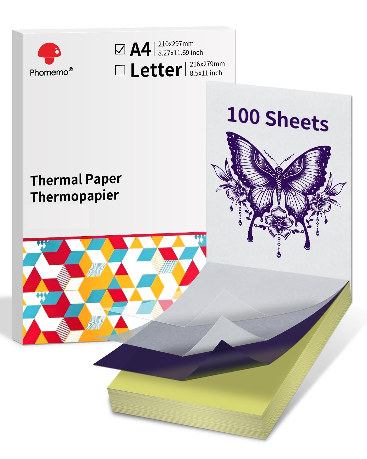 Phomemo Trasferimento Stencil,Tattoo Stencil Paper,100 Fogli Carta per Tatuaggi,Trasferimento di Tatuaggi A4 Tattoo Transfer Papier Compatible with M08F TP81 TP83 TP88 Stampante per Tatuaggi