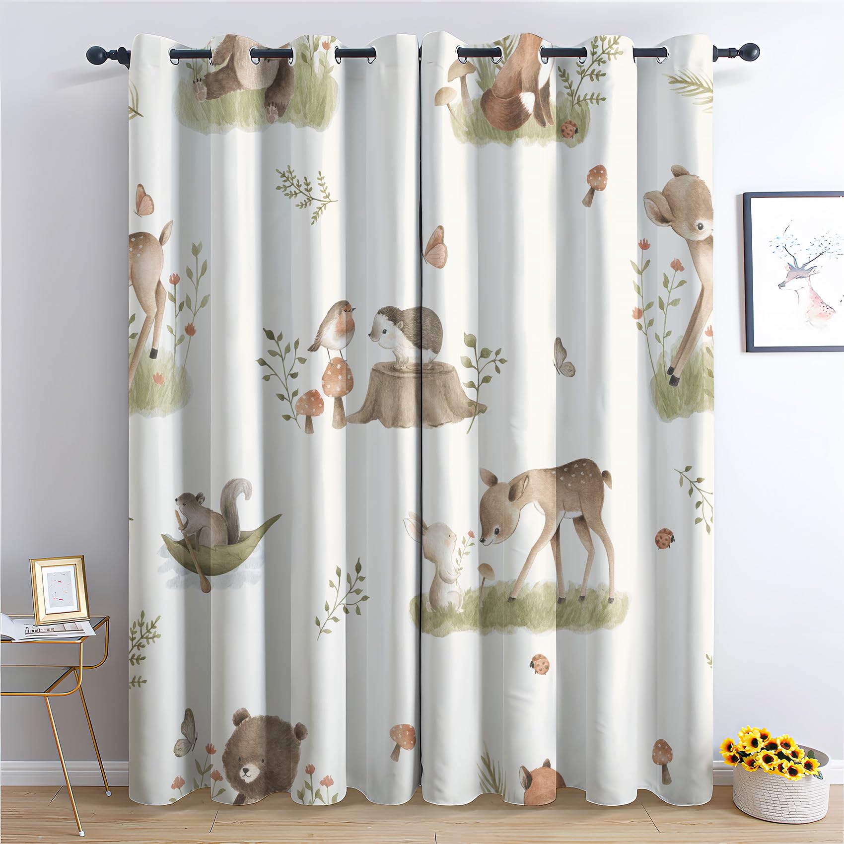 Rideau Occultant, Motif Animaux de la Forêt - Rideaux Thermiques Imprimé pour Salon Chambre Fenetre, Lot de 2 Rideaux et Draperies Intérieurs à Oeillets, 75x166 cm (L x H)