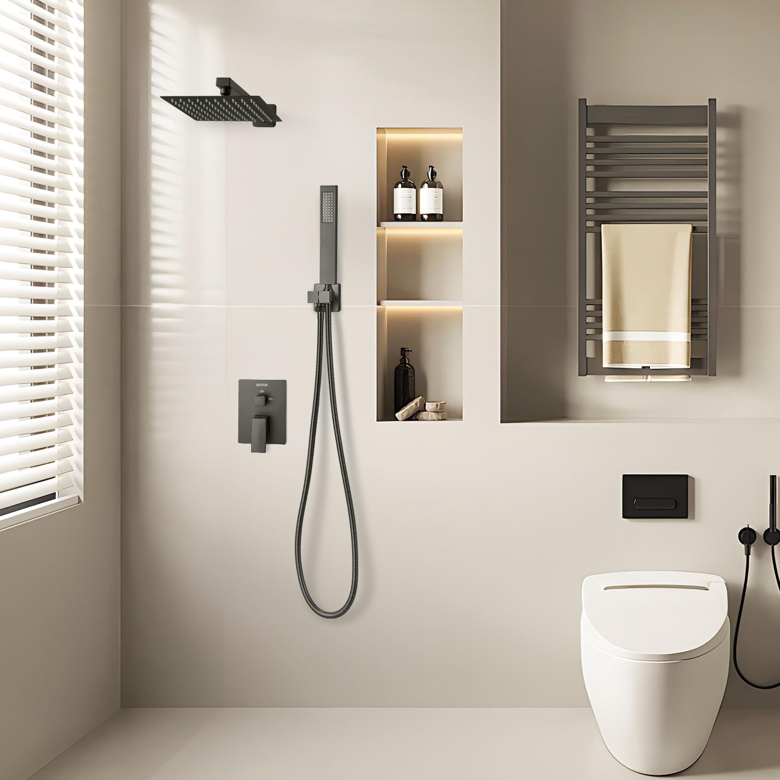 VEVOR Juego de Grifo de Ducha de Lluvia con Cabezal de Ducha cuadrado de 20,3 cm y Rociador de Mano, Grifería de Baño de Pared con Válvula de Latón y Kit de Embellecedor, 6,7 L/min, Negro Mate