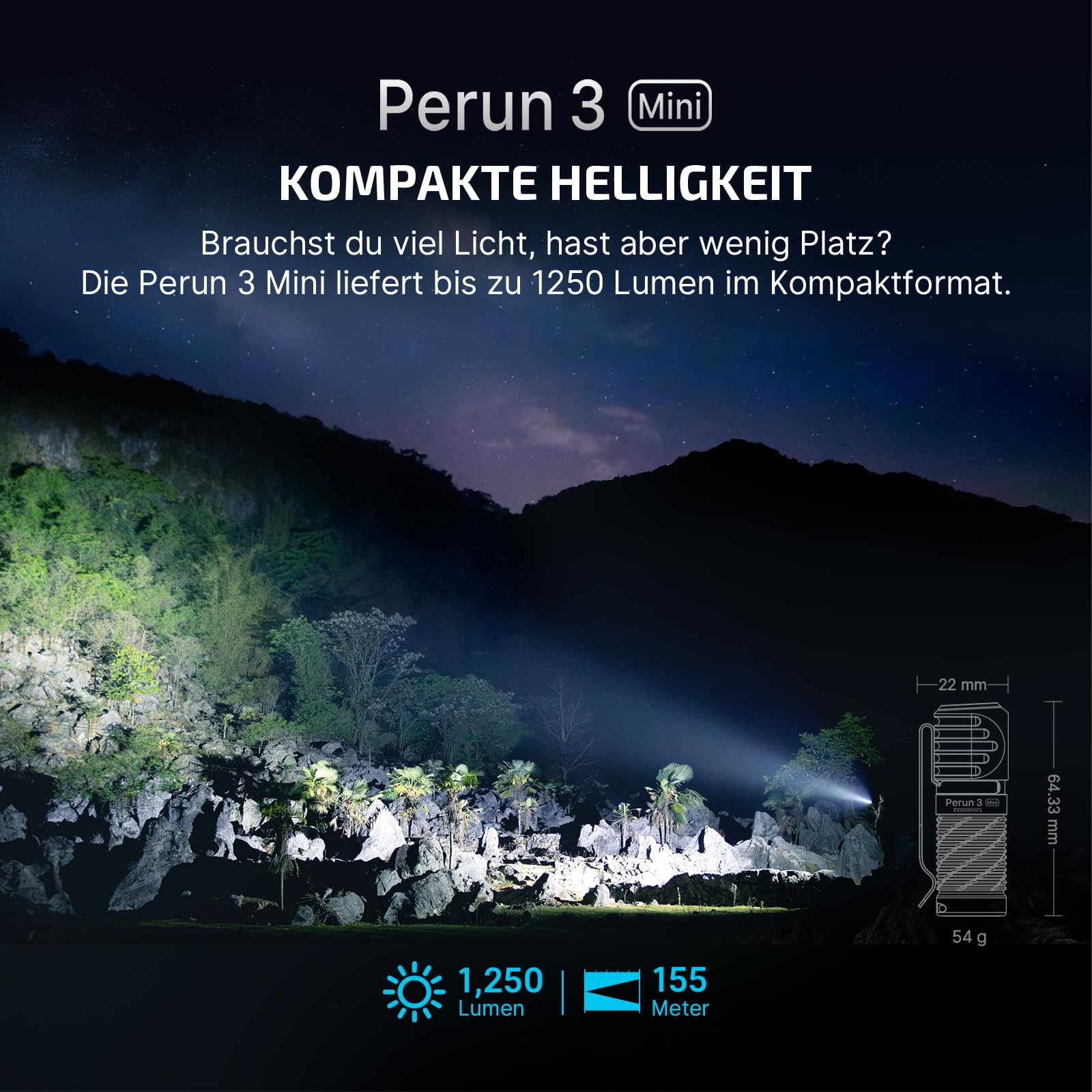 OLIGHT Perun 3 Mini Kit LED Stirnlampe 1250 Lumen wiederaufladbare Kopflampe mit 5000 mAh Ladecase, 60 Tage Akkulaufzeit, 5 Weißlicht- & 3 Rotlicht-Modi, Ideal für Camping, Angeln, Notfall Schwarz