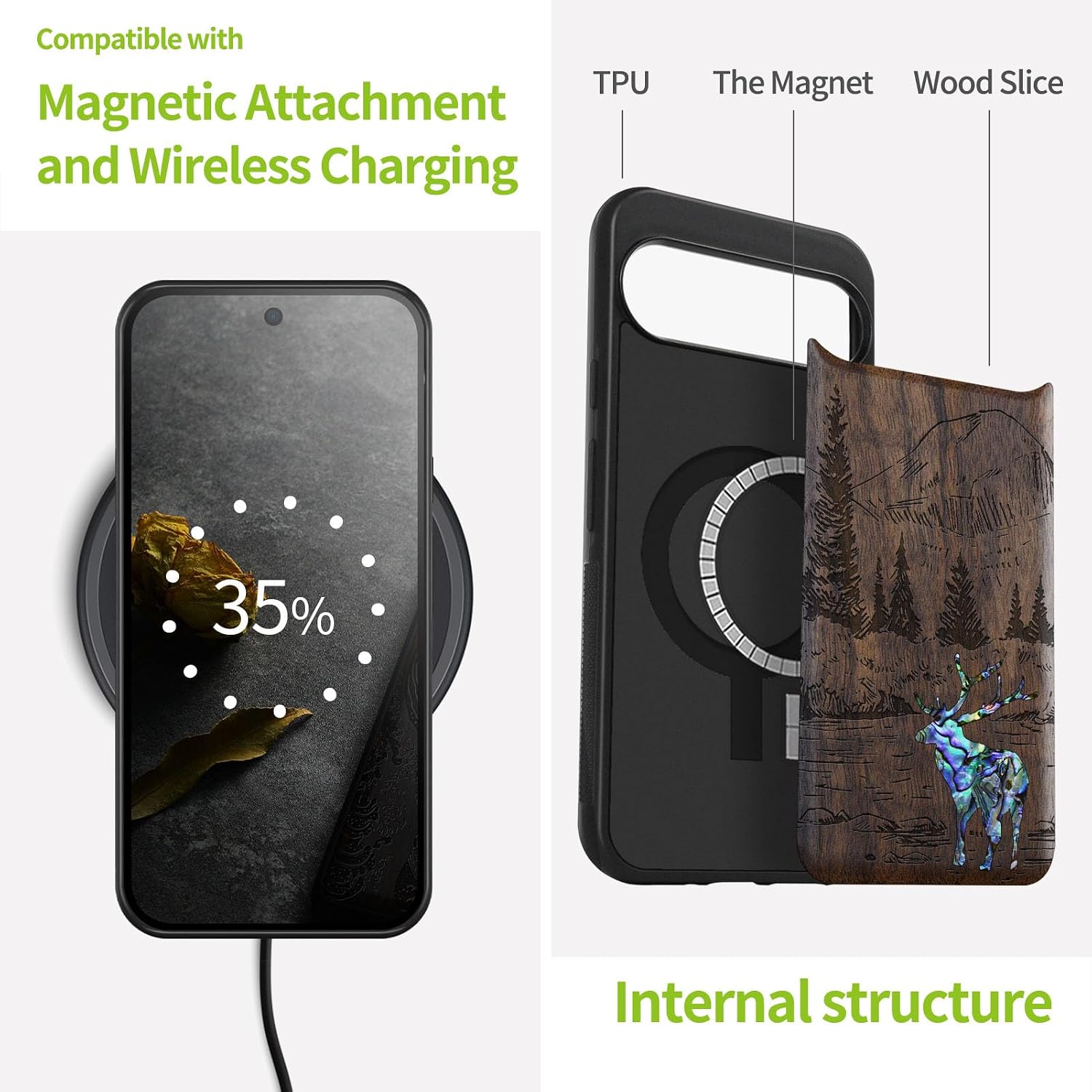 Carveit Magnetic Wooden Case for Google Pixel 9 Pro XL Case, Wood Artisan Engraved & Handmade Shell Inlaid, Compatible with MagSafe Wireless Chargers, Forest Deer - Walnut