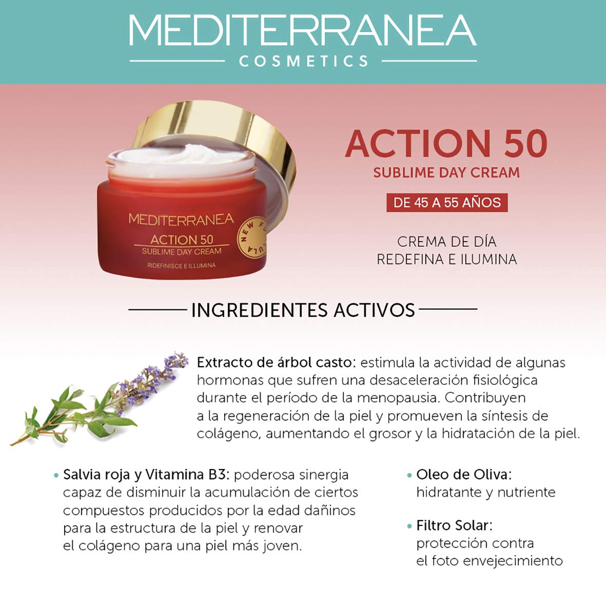 MEDITERRANEA COSMETICS Crema Giorno Viso Anti-Età Idratante, Illuminante e Ristrutturante con Agnocasto, Niacinamide e Filtri Solari Linea Action 50 Sublime Day Cream– 50 ml