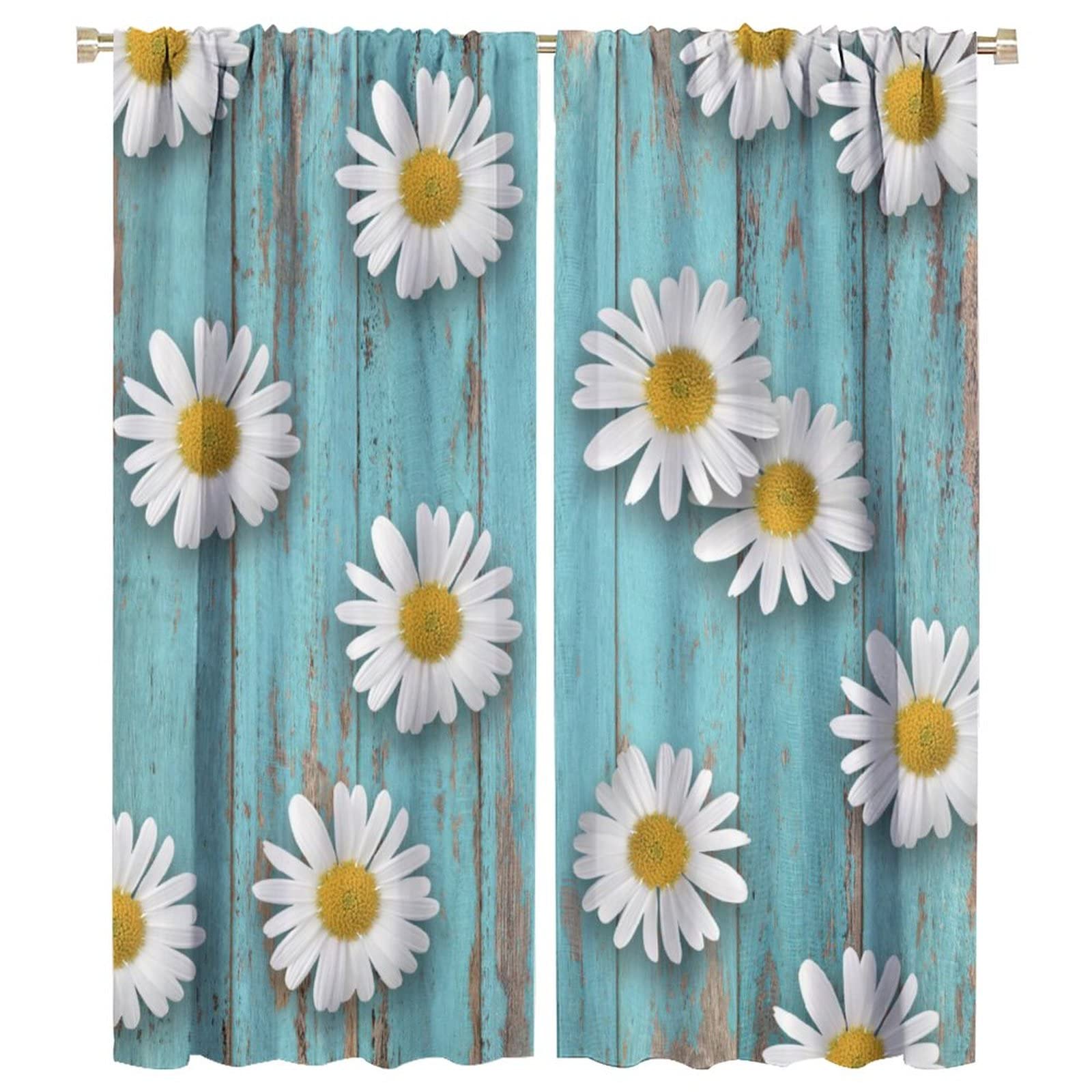 Floral Daisy Bedroom Curtains,Vintage Rustic Farmhouse Cabin Blue Wood Plank Flowers Room Darkening Door Window Rod Pocket Curtain for Living Room Kitchen Bathroom W42xL54in