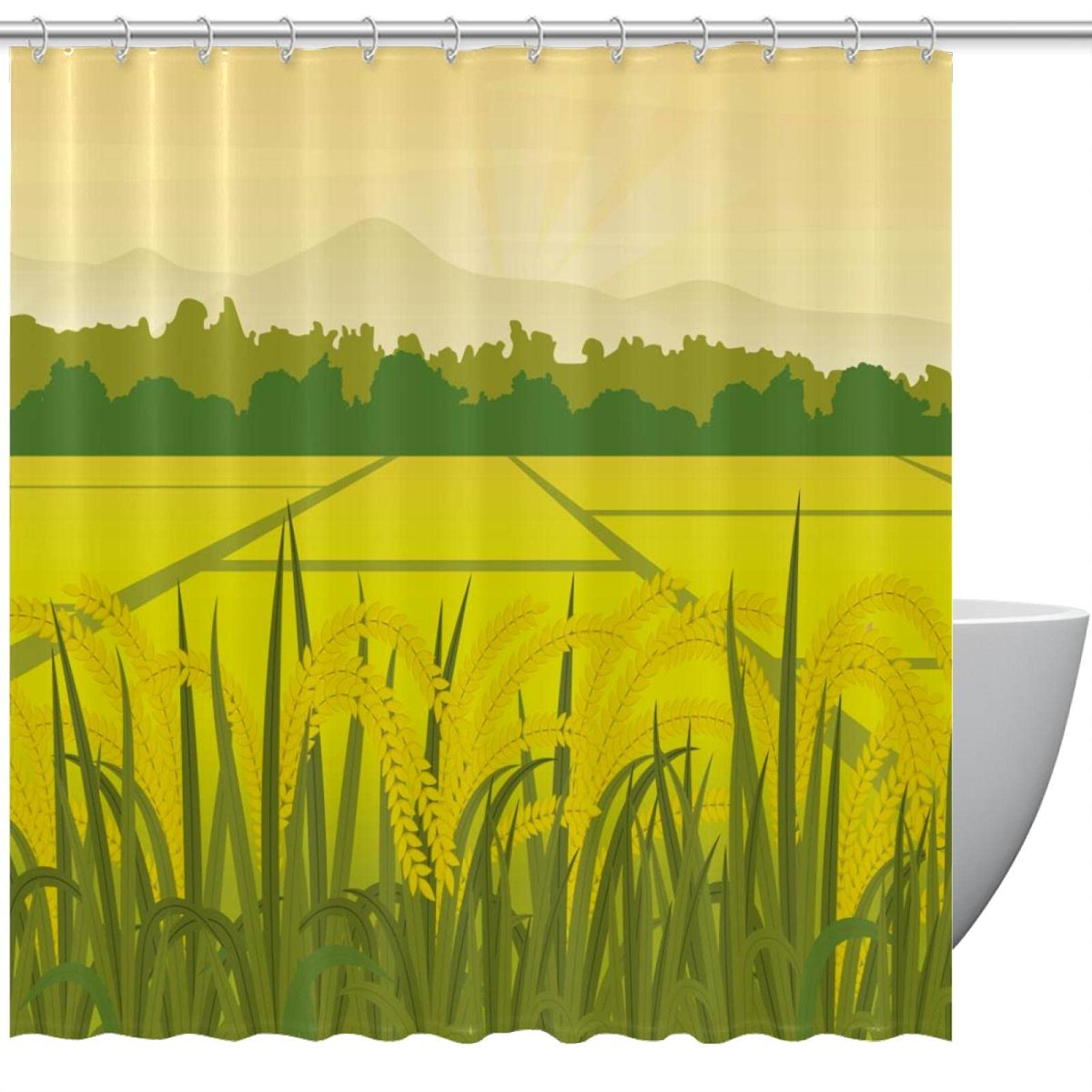 Rideau de douche imperméable motif champ de riz vert 183x183 cm