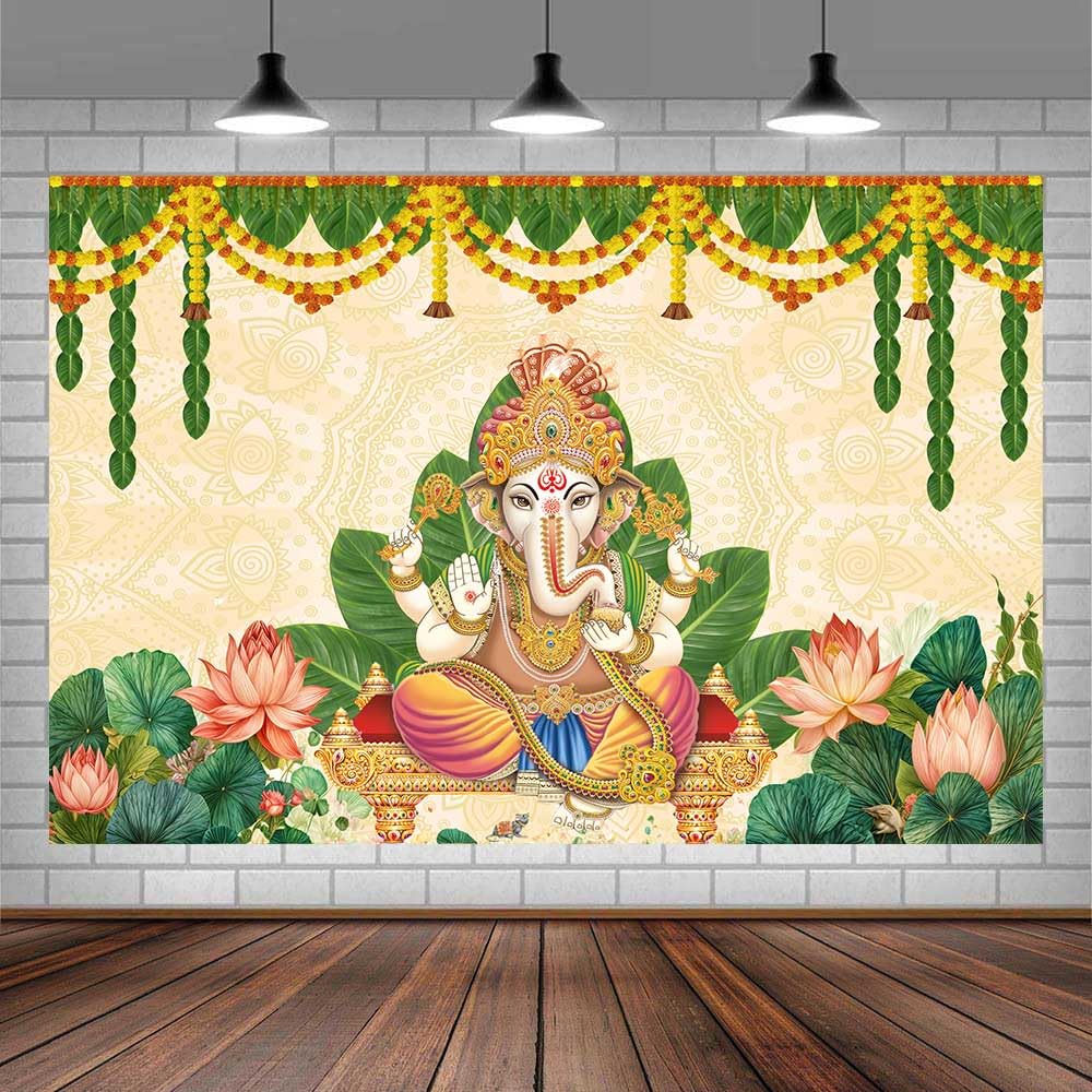 6x4ftPooja Photography Backdrop Puja Ganpati Traditional Mehndi Festival Banners Decorations Festival Wedding Party Banner Decoration for Wedding