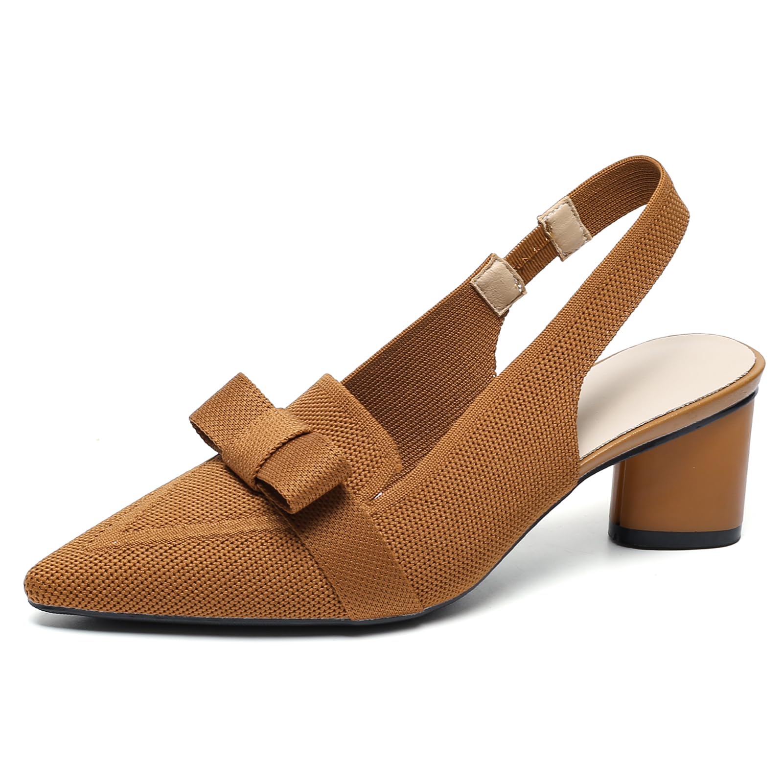 Women's Knitted Bow Slingback Chunky Heel Pumps Closed Pointed Toe Slip On Low Block Heels Daily Work Office Dress Shoes
