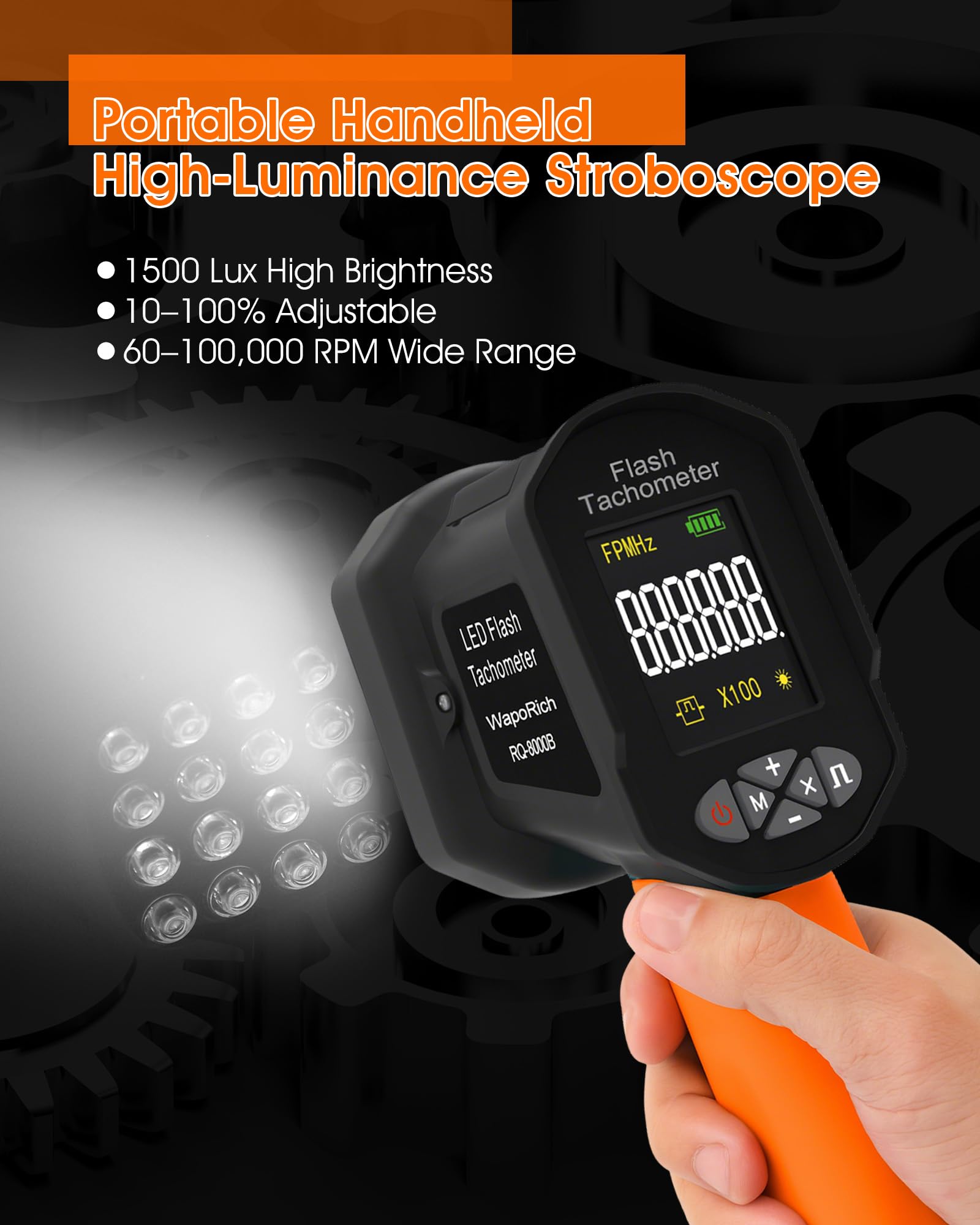 Stroboscopio LED 60–100.000 giri/min, WapoRich tachimetro digitale senza contatto con 16 LED, ricaricabile USB, display LCD per motori e ventole