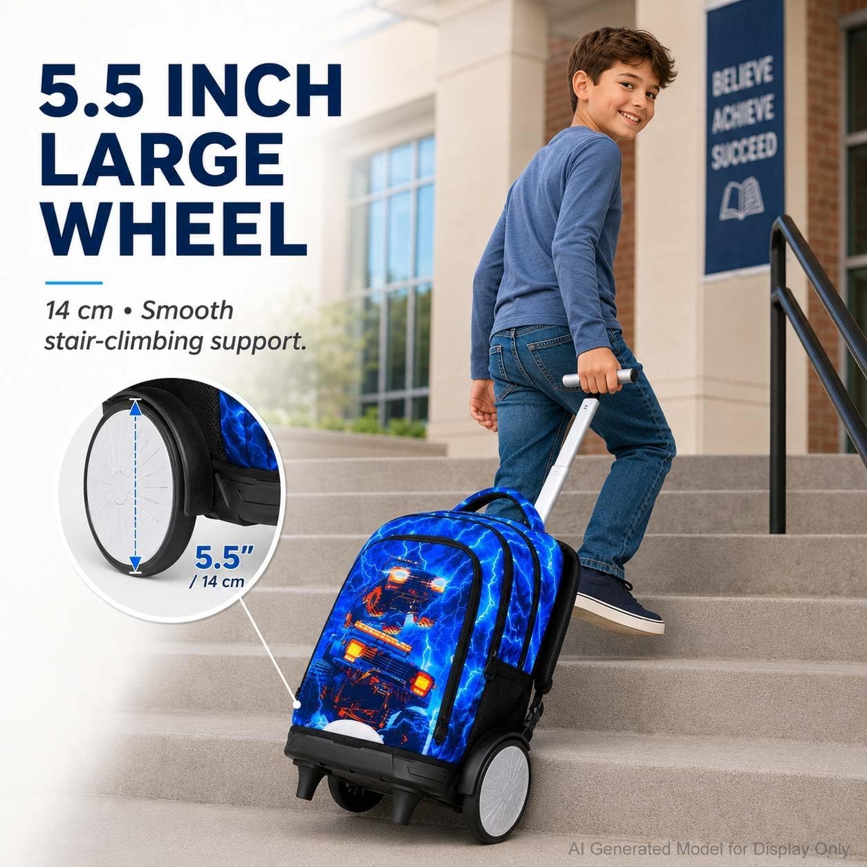 20 Inches Large Wheels Rolling Backpack for Boys with Detachable, 3Pcs Kids Lightning Truck Wheeled Backpack Set for Elementary School (Blue) image 2