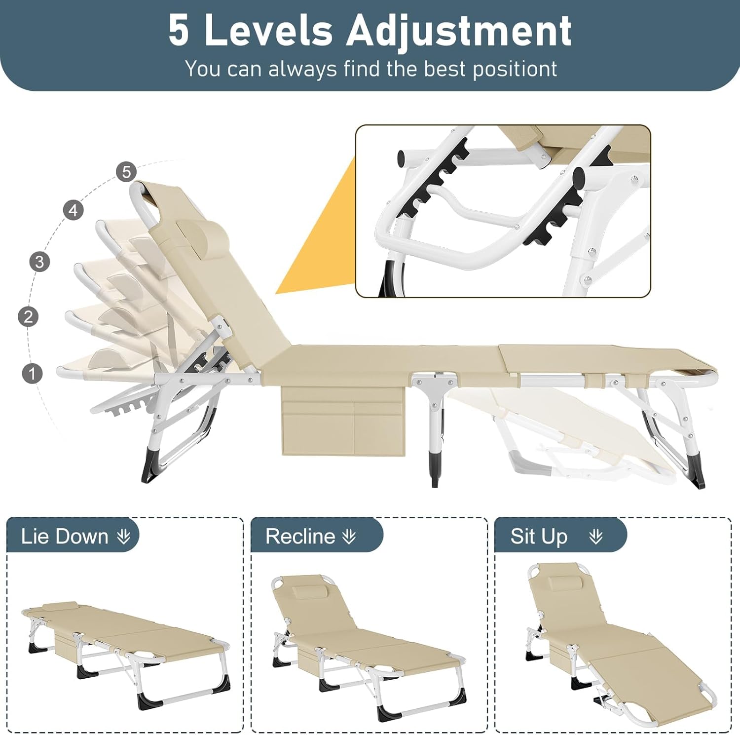 Oversized 3-in-1 Patio Lounge Chair with Mattress, Heavy Duty Folding Portable Outdoor Chair for Garden, Camping, and Lawn Relaxation
