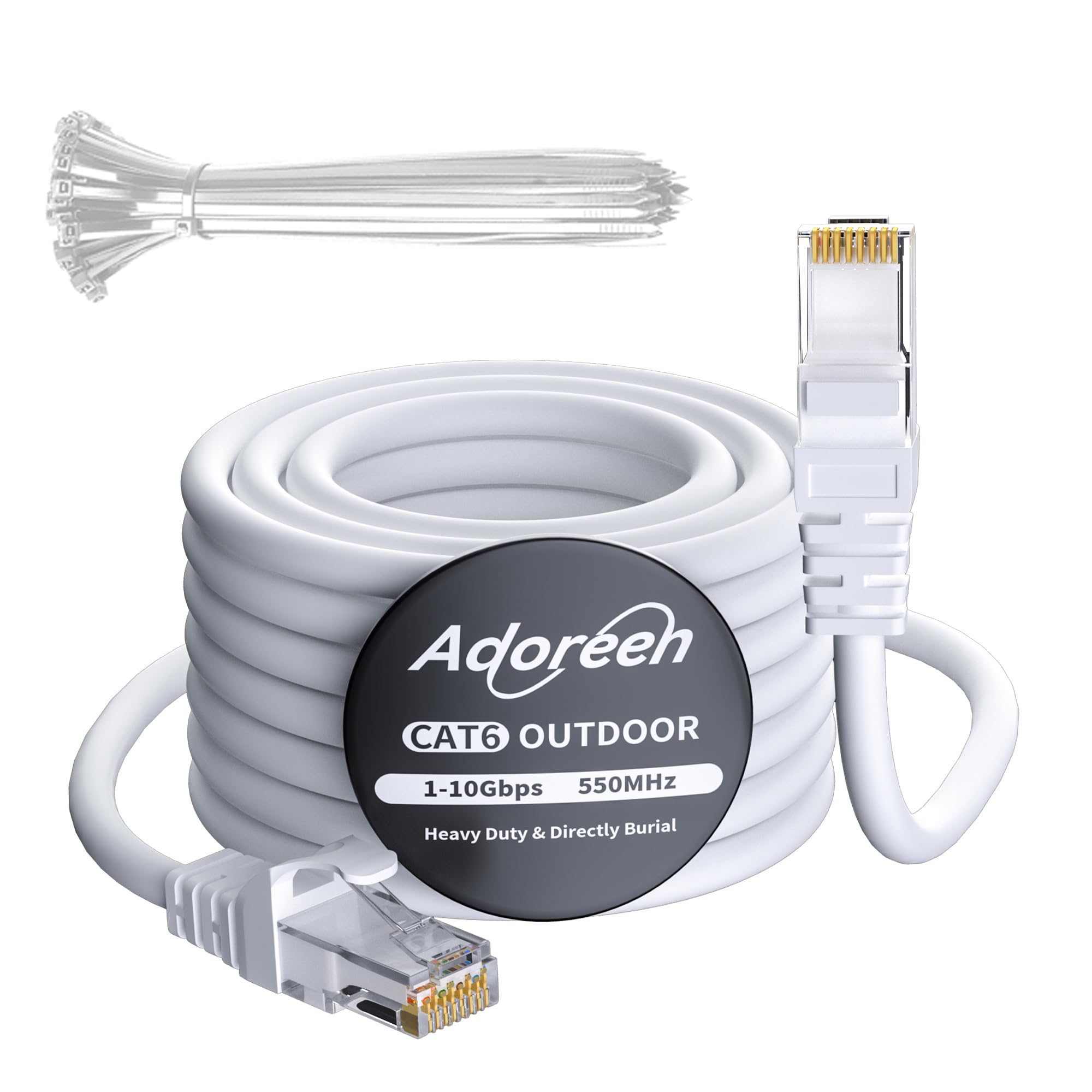 AdoreenCat 6 Outdoor Ethernet Cable 50 Ft White, Gbps High Speed Heavy Duty Internet Network Cable, CCA, for POE Camera Long Cat 5e 5 RJ45 LAN Patch Cable Cord, Sturdy Waterproof Direct Burial+ Ties