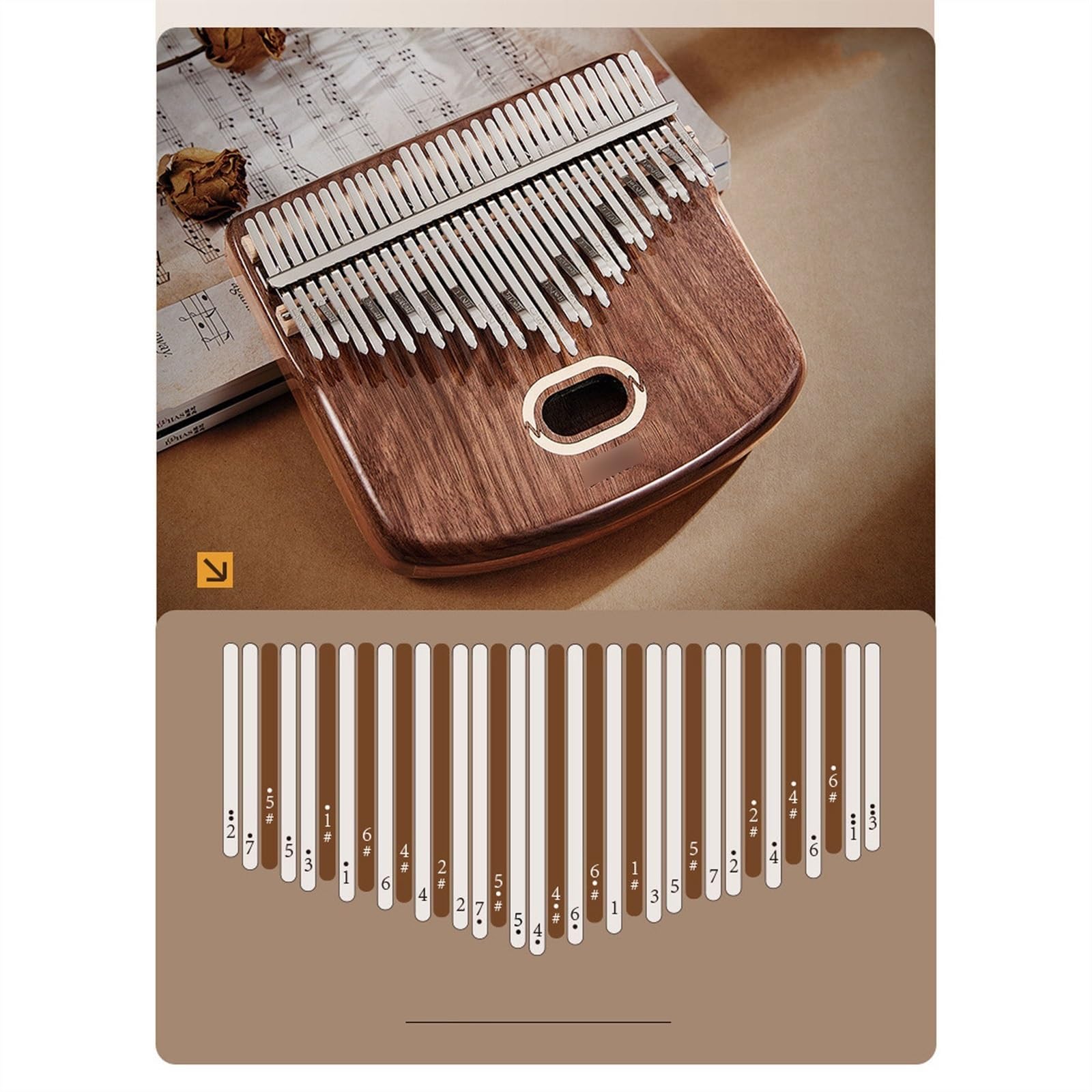 Kalimba Instrument 34 Tasten Holz Tragbar Komfortabler Griff, Daumenklavier Anfänger Musikliebhaber Fingerklavier Mit Noten Stimmungshämmer, Musikführer(Brown B)