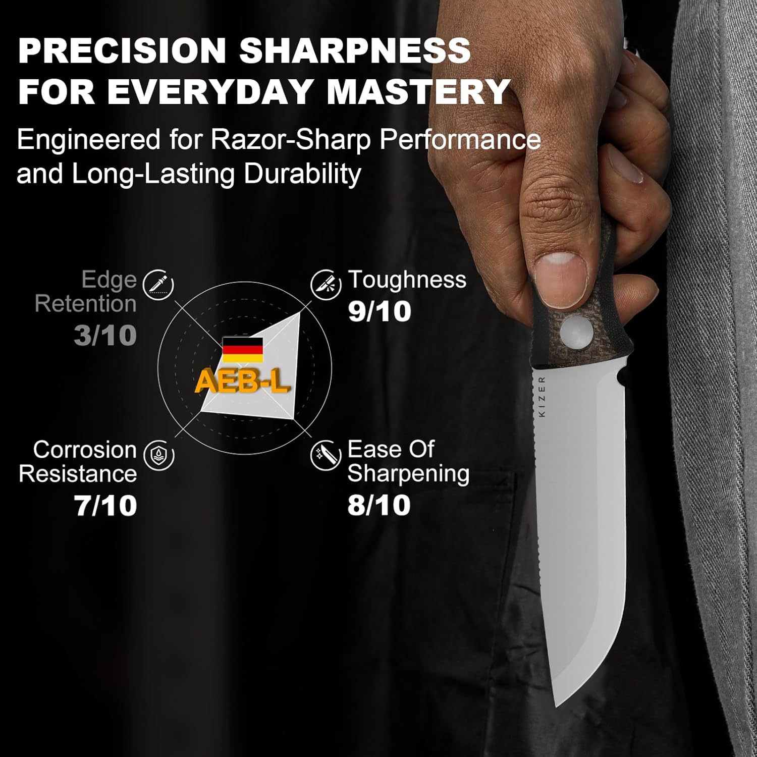 Kizer Polaris Fixed Blade Knife, 4.23" AEB-L Steel Camping Knife with Brown Black Micarta & Black G10 Handle, Survival Hunting Bushcraft Knives with Adjustable Sheath & Sharpener, 1100A3