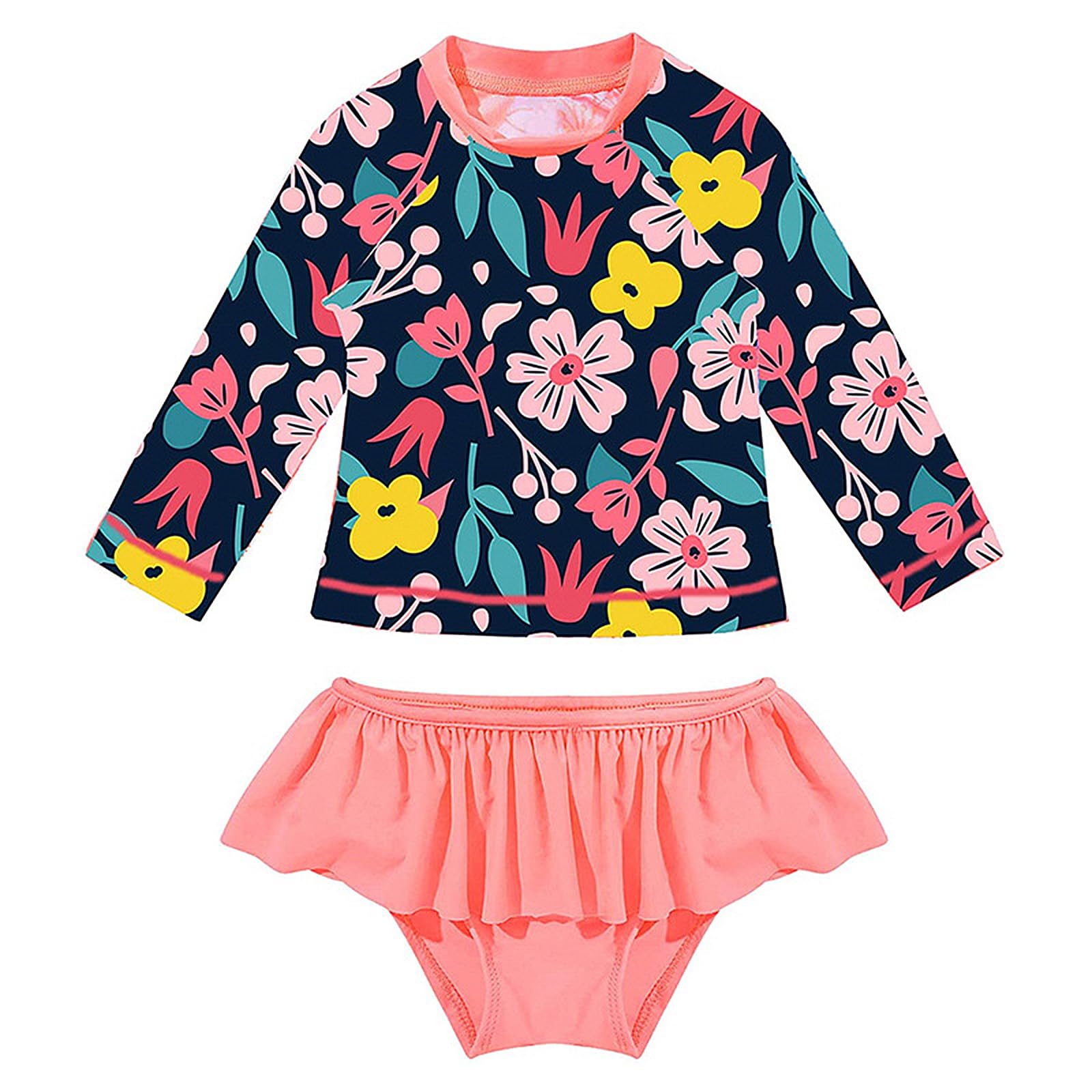 WYTbaby Bañador Niña Dos Pieza Manga Larga Traje de Baño Niñas con Volantes UPF 50+ Proteccion Solar Natacion Playa Transpirable Secado Rápido Bañador para Niña 3-8 Años