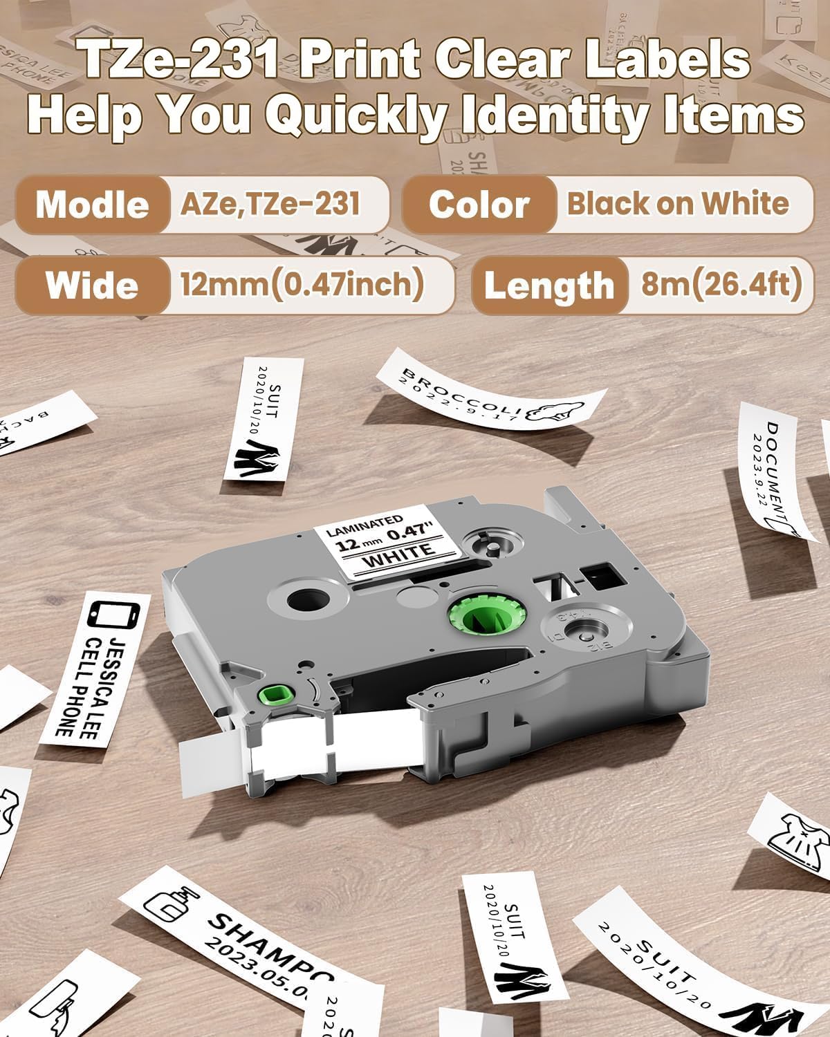Tze-231 Laminated White Label Maker Tape Replacement for Brother P Touch Tze231 Tze Tz Tape 12mm 0.47" Compatible with Brother PTouch Label Maker PT-D210 PT-H110 PT-D220 PT-1880, 4 Pack - 4