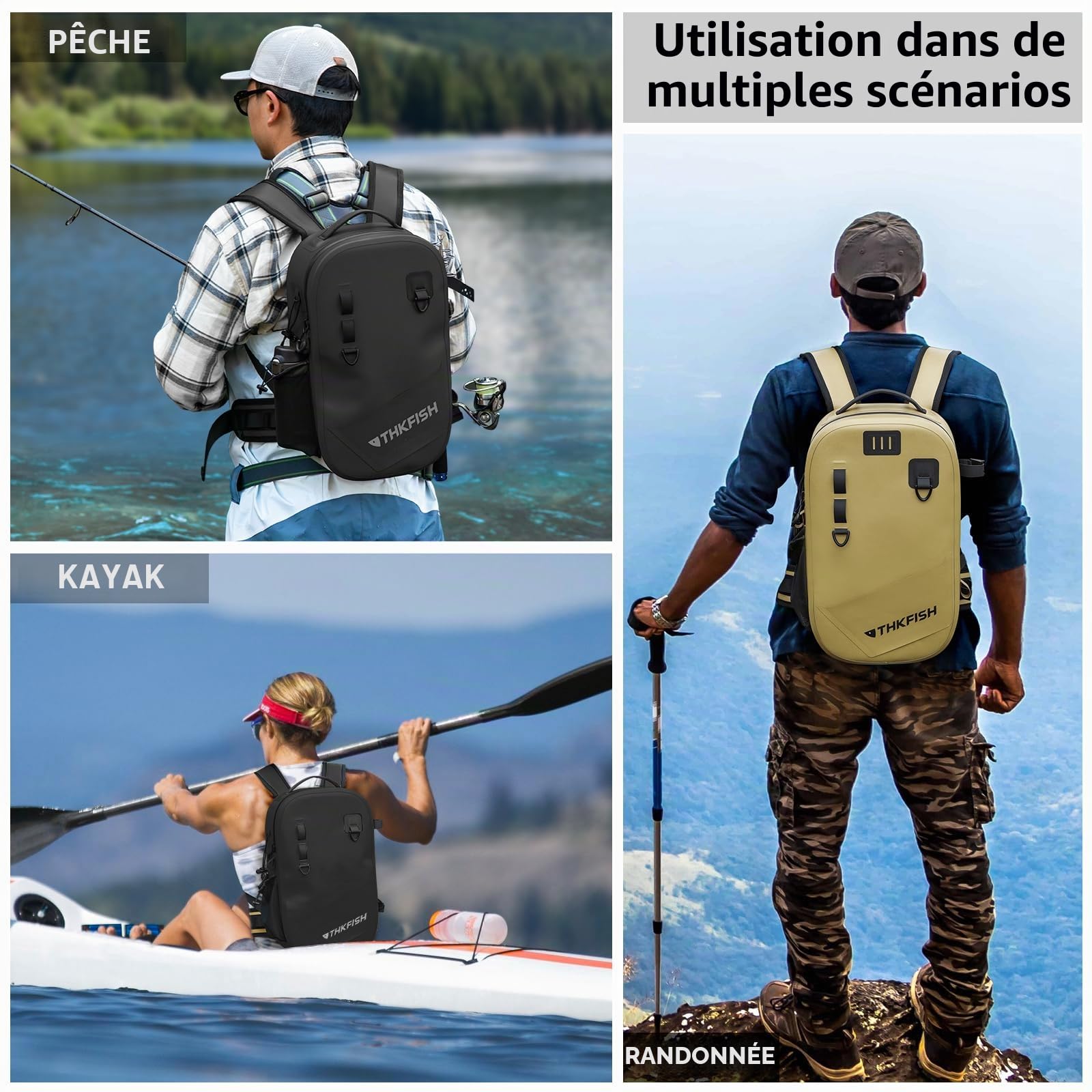 THKFISH Sac à dos de pêche étanche IPX8 avec support de canne, sac à bandoulière de pêche léger, cadeau pour homme