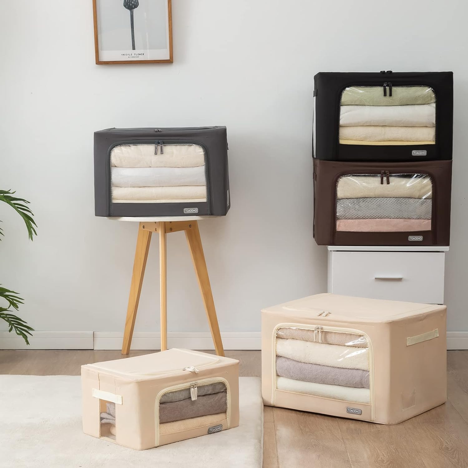 Foldable Clothes Storage Bins, 2 Pack Stackable Frame Storage Box ,Oxford Fabric Container Organizer Bins with Carrying Handles and Clear Window