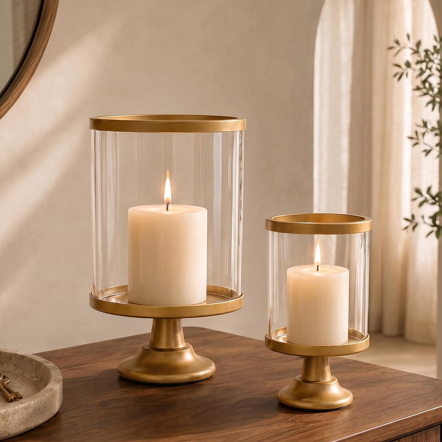 Gold Hurricane Candle Holder Set of 2 with Glass Cylinder for Pillar Candle